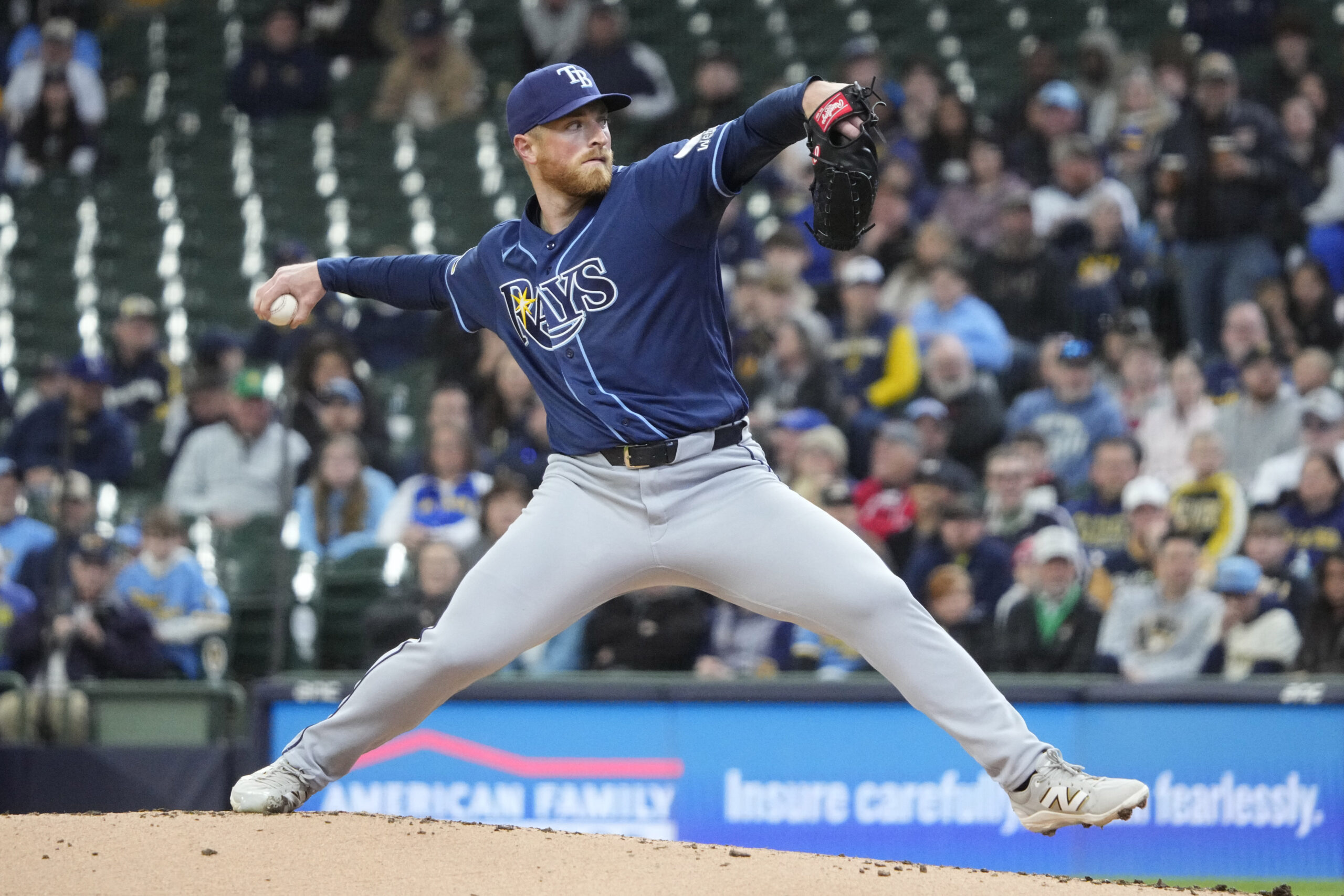 Apr 1, 2026; Milwaukee, Wisconsin, USA;  Tampa Bay Rays pitcher Drew Rasmussen (57) delivers a pitch against the Milwaukee Brewers in the third inning at American Family Field. Mandatory Credit: Michael McLoone-Imagn Images