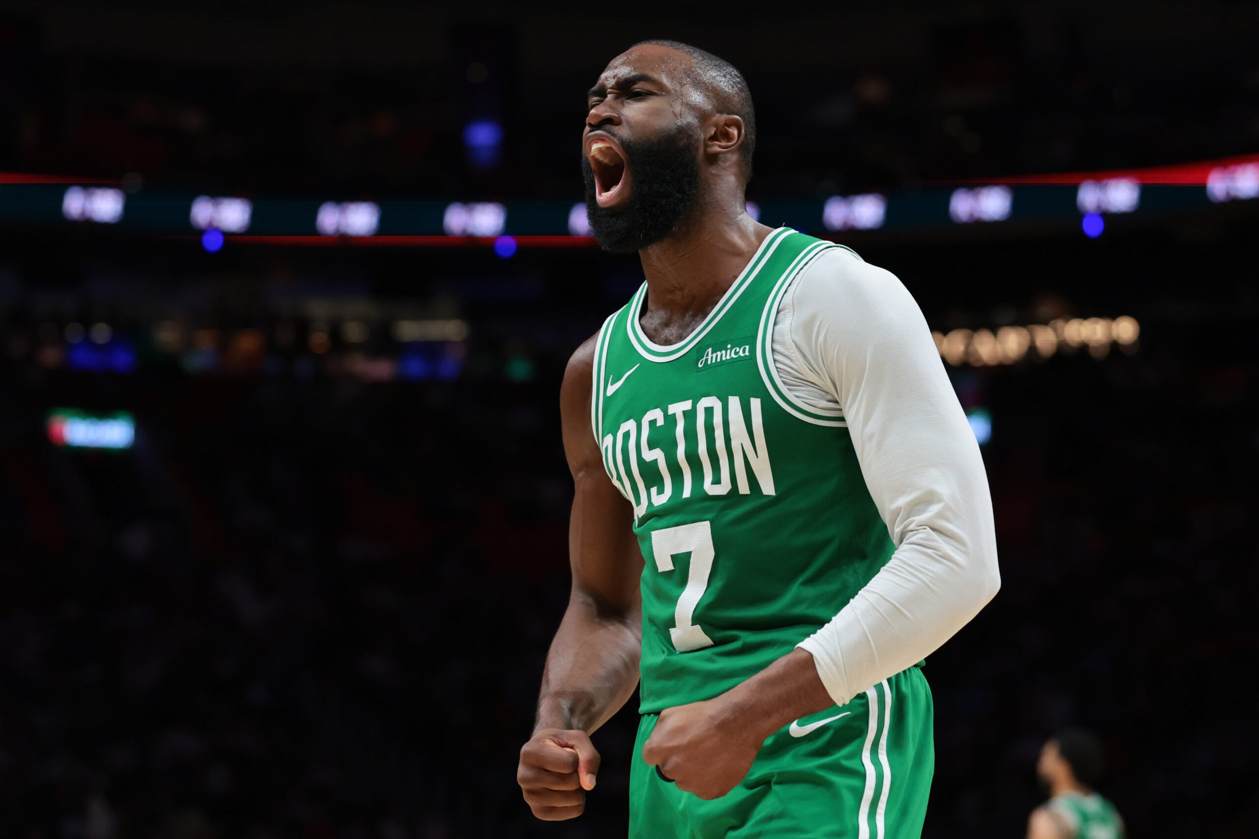 Apr 1, 2026; Miami, Florida, USA; Boston Celtics guard Jaylen Brown (7) reacts against the Miami Heat during the third quarter at Kaseya Center. Mandatory Credit: Sam Navarro-Imagn Images