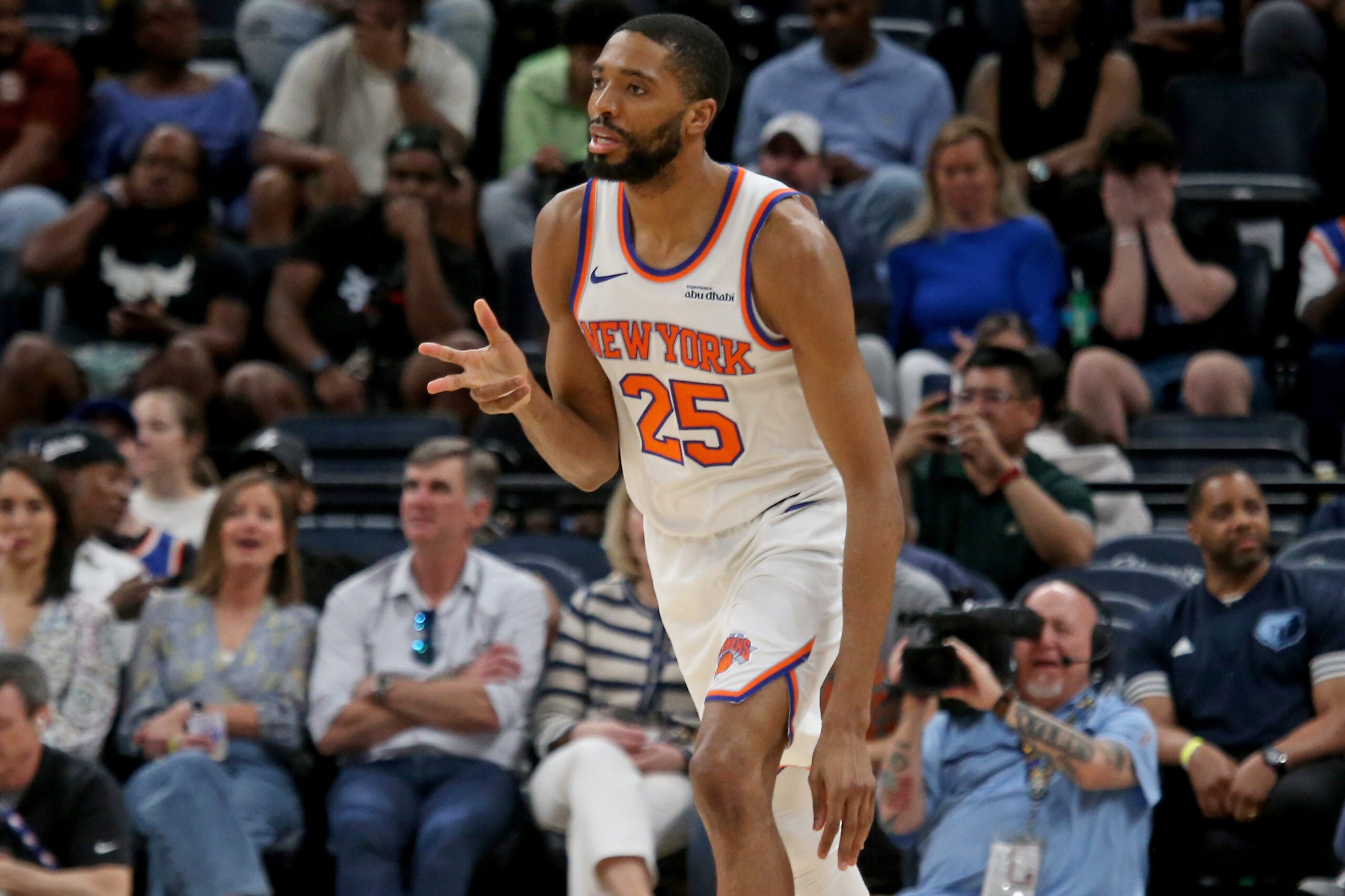 Apr 1, 2026; Memphis, Tennessee, USA; New York Knicks guard Mikal Bridges (25) reacts after a basket during the fourth quarter against the Memphis Grizzlies at FedExForum. Mandatory Credit: Petre Thomas-Imagn Images