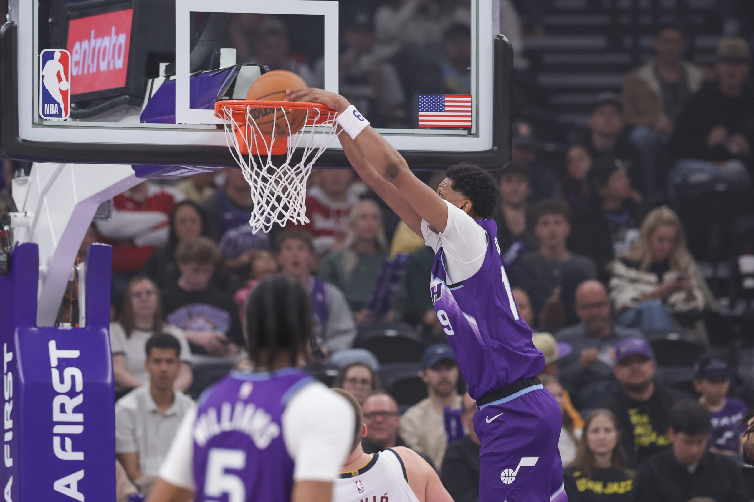 Apr 1, 2026; Salt Lake City, Utah, USA;  Utah Jazz forward Ace Bailey (19) dunks the ball during the second half against the Denver Nuggets at Delta Center. Mandatory Credit: Chris Nicoll-Imagn Images