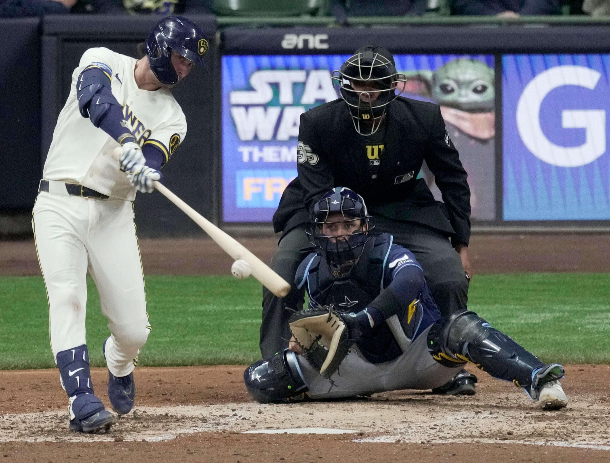 Mar 30, 2026; Milwaukee, Wisconsin, USA;  Milwaukee Brewers second baseman Brice Turang (2) hits a double during the sixth inning against the Tampa Bay Rays at American Family Field. Mandatory Credit: Mark Hoffman/USA TODAY Network via Imagn Images