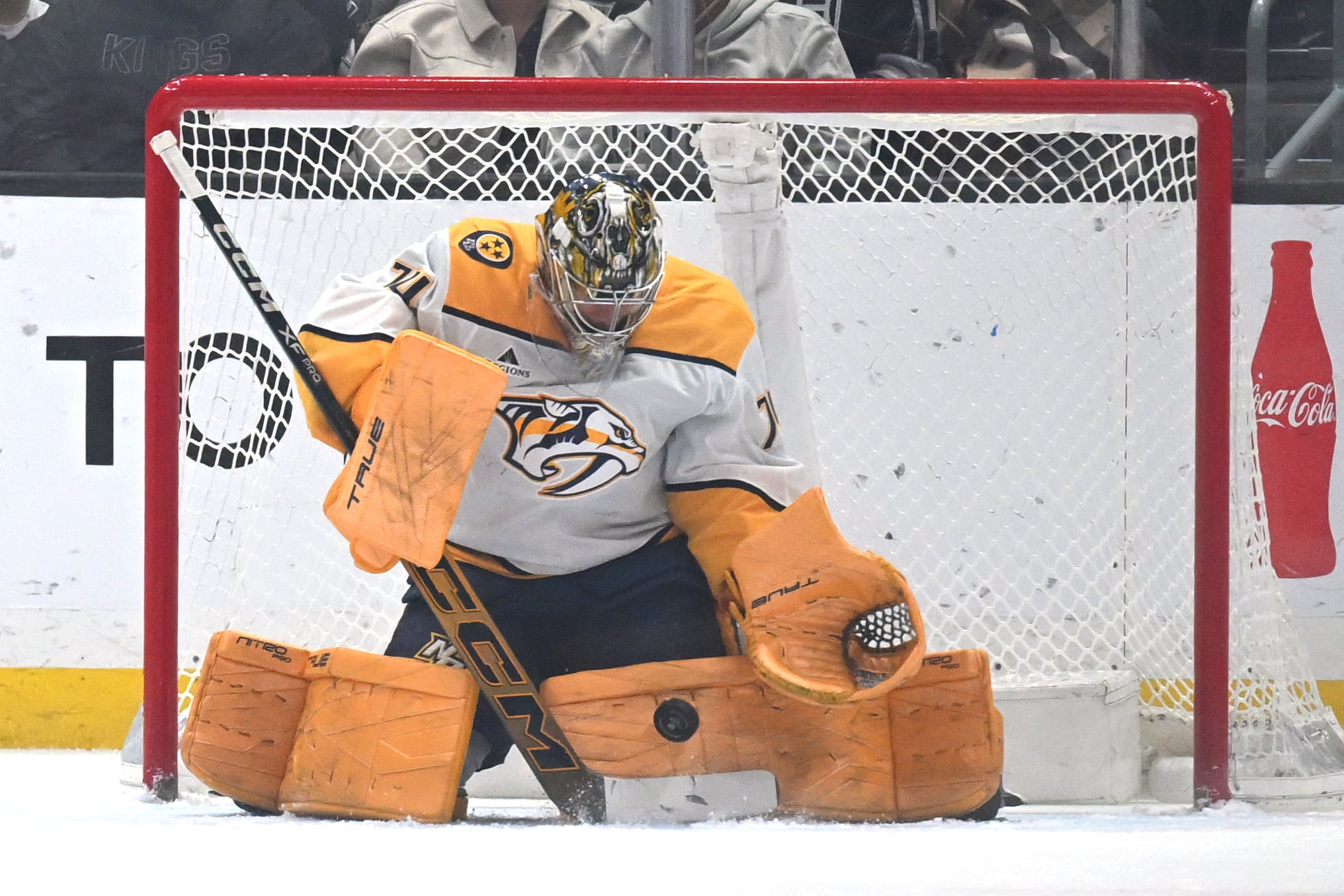 Apr 2, 2026; Los Angeles, California, USA; Nashville Predators goaltender Juuse Saros (74) makes a save against the Los Angeles Kings during the first period at Crypto.com Arena. Mandatory Credit: Griffin Hooper-Imagn Images