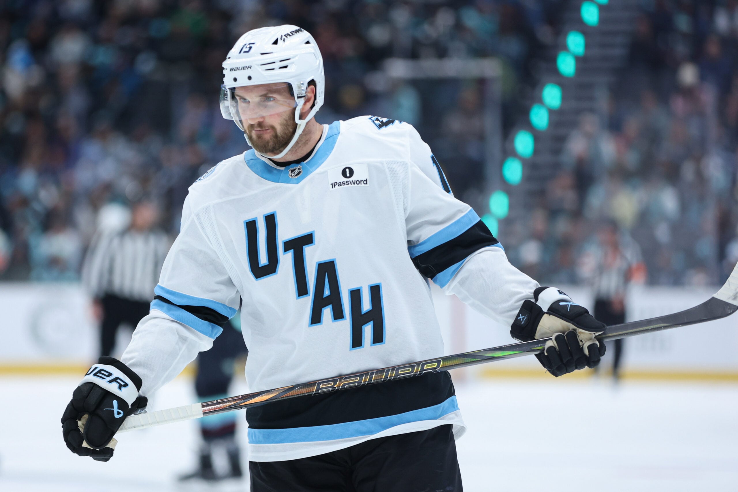 Apr 2, 2026; Seattle, Washington, USA; Utah Mammoth center Alexander Kerfoot (15) looks on during a break in play in the second period against the Seattle Kraken  at Climate Pledge Arena. Mandatory Credit: Kevin Ng-Imagn Images