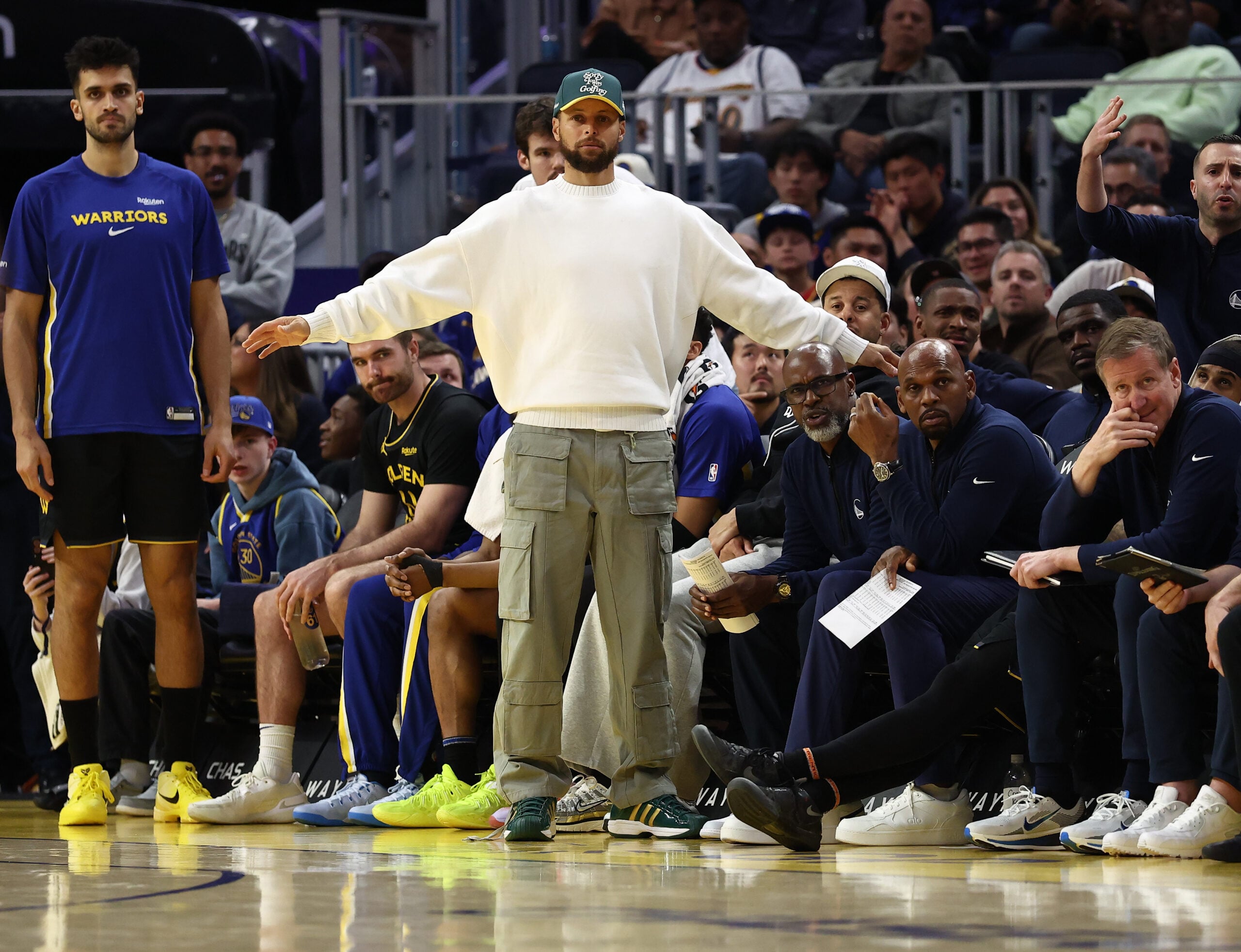 Apr 2, 2026; San Francisco, California, USA; Golden State Warriors guard Stephen Curry stands on the sideline during the fourth quarter against the Cleveland Cavaliers at Chase Center. Mandatory Credit: Kelley L Cox-Imagn Images