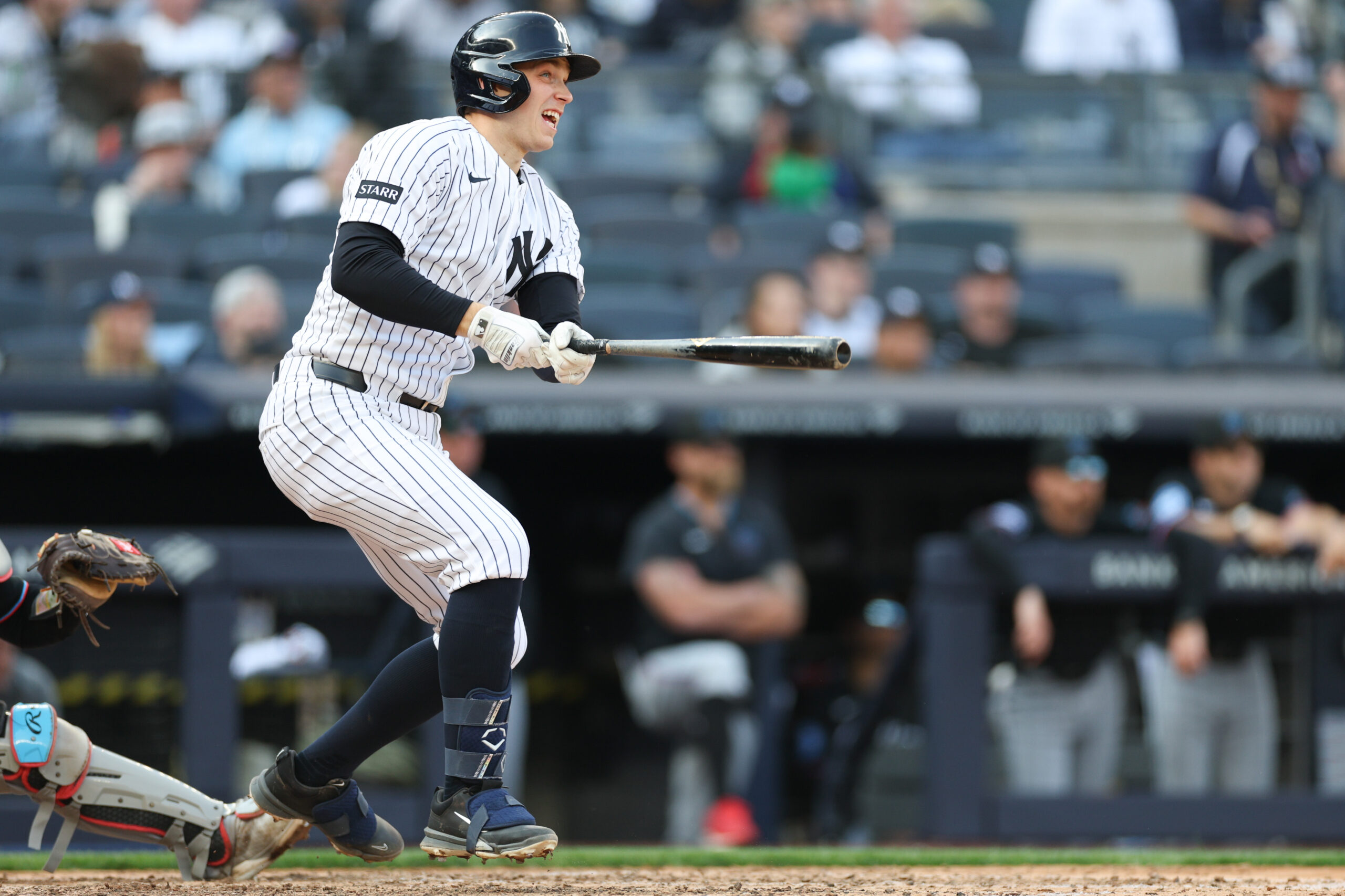 Apr 3, 2026; Bronx, New York, USA; New York Yankees first baseman Ben Rice (22) hist a two-RBI double during the eighth inning against the Miami Marlins at Yankee Stadium. Mandatory Credit: Vincent Carchietta-Imagn Images