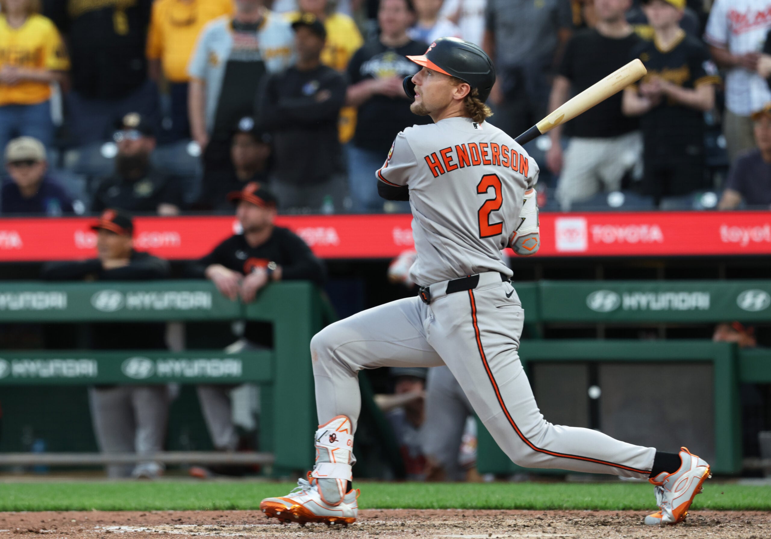 Apr 3, 2026; Pittsburgh, Pennsylvania, USA;  Baltimore Orioles shortstop Gunnar Henderson (2) hits a solo home run against the Pittsburgh Pirates during the ninth inning at PNC Park. Mandatory Credit: Charles LeClaire-Imagn Images