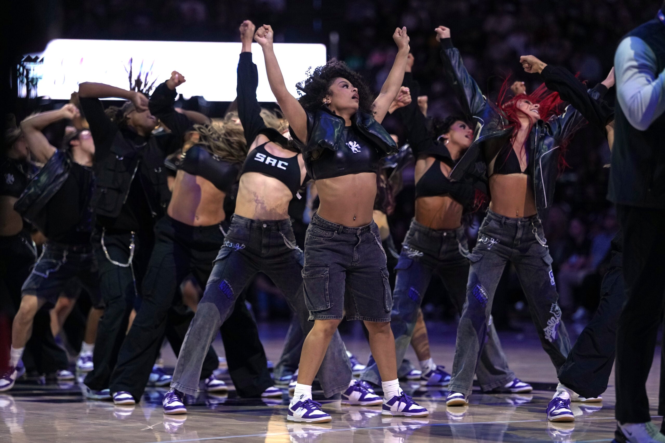 Apr 3, 2026; Sacramento, California, USA; Sacramento Kings dance team members perform on the court before the start of the fourth quarter against the New Orleans Pelicans at Golden 1 Center. Mandatory Credit: Darren Yamashita-Imagn Images