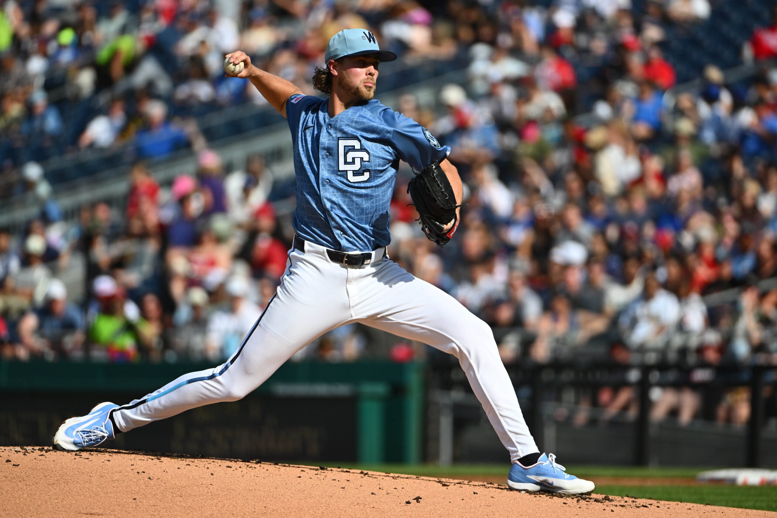 Apr 4, 2026; Washington, District of Columbia, USA; Washington Nationals pitcher Jake Irvin (27) throws to the Los Angeles Dodgers during the second inning at Nationals Park. Mandatory Credit: Brad Mills-Imagn Images