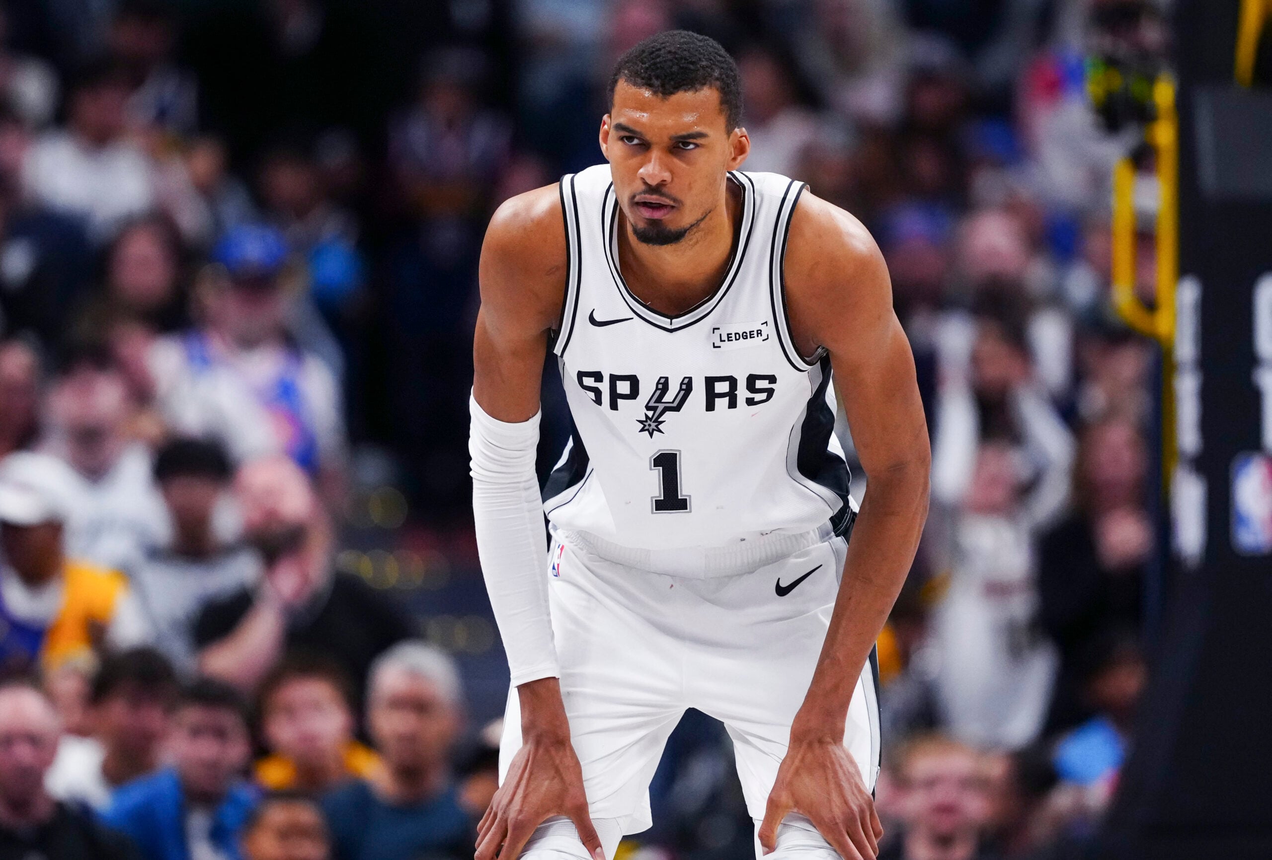 Apr 4, 2026; Denver, Colorado, USA; San Antonio Spurs forward Victor Wembanyama (1) during the second half against the Denver Nuggets at Ball Arena. Mandatory Credit: Ron Chenoy-Imagn Images