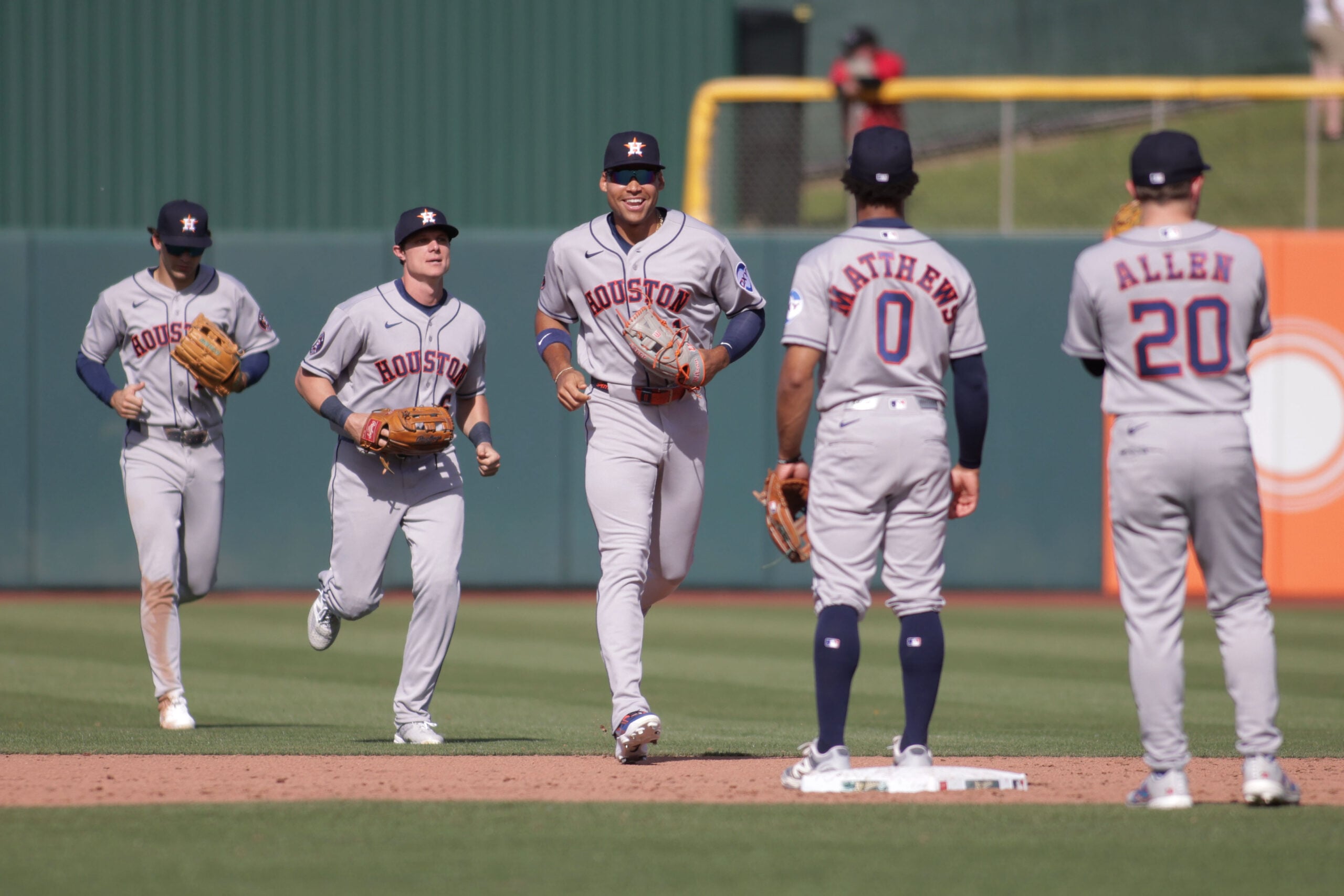 Apr 4, 2026; West Sacramento, California, USA; The Houston Astros celebrates their win over the Athletics in a baseball game at Sutter Health Park. Mandatory Credit: Scott Marshall-Imagn Images