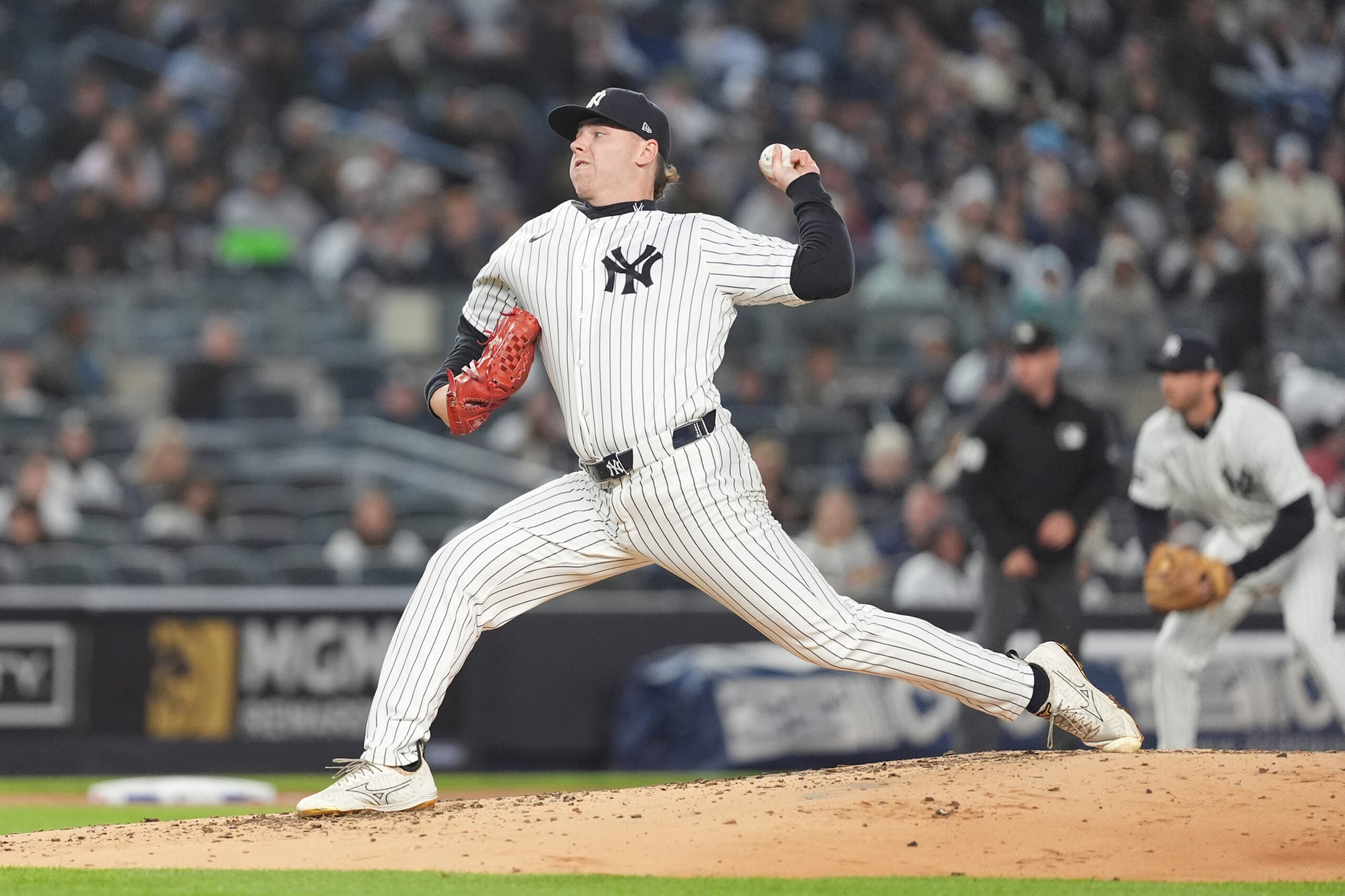 Apr 4, 2026; Bronx, New York, USA; New York Yankees pitcher Ryan Weathers (40) delivers a pitch against the Miami Marlins during the second inning at Yankee Stadium. Mandatory Credit: Gregory Fisher-Imagn Images