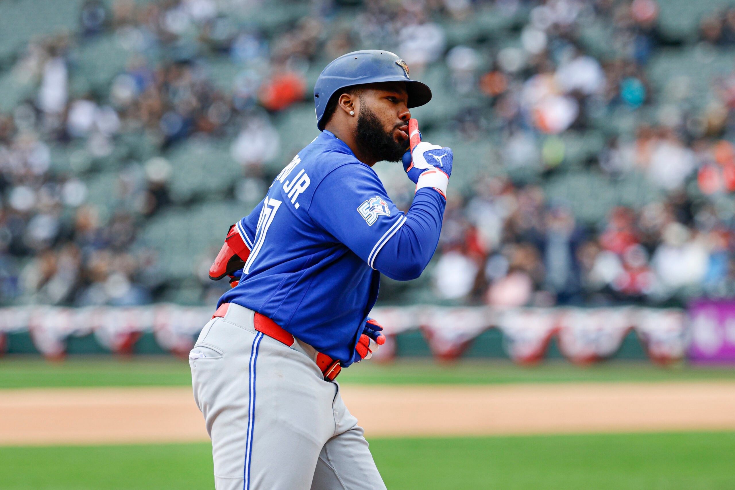 Apr 4, 2026; Chicago, Illinois, USA; Toronto Blue Jays first baseman Vladimir Guerrero Jr. (27) rounds the bases after hitting a two-run home run against the Chicago White Sox during the sixth inning at Rate Field. Mandatory Credit: Kamil Krzaczynski-Imagn Images