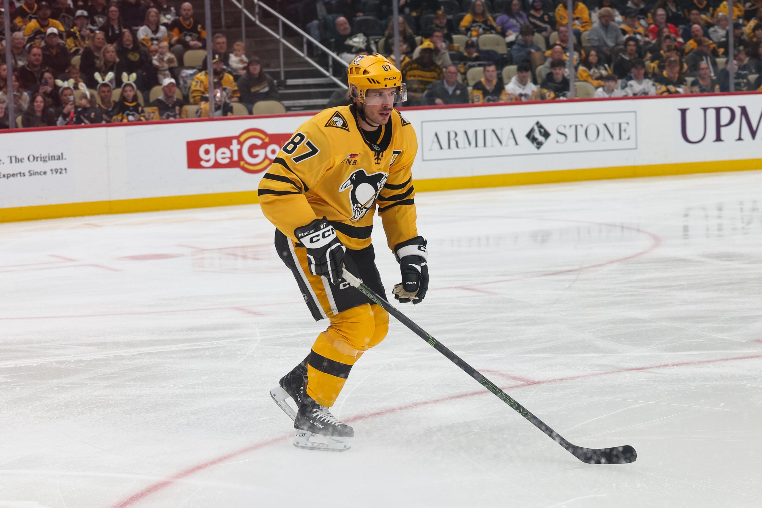 Apr 5, 2026; Pittsburgh, Pennsylvania, USA; Pittsburgh Penguins center Sidney Crosby (87) looks on against the Florida Panthers during the first period at PPG Paints Arena. Mandatory Credit: Mark Alberti-Imagn Images