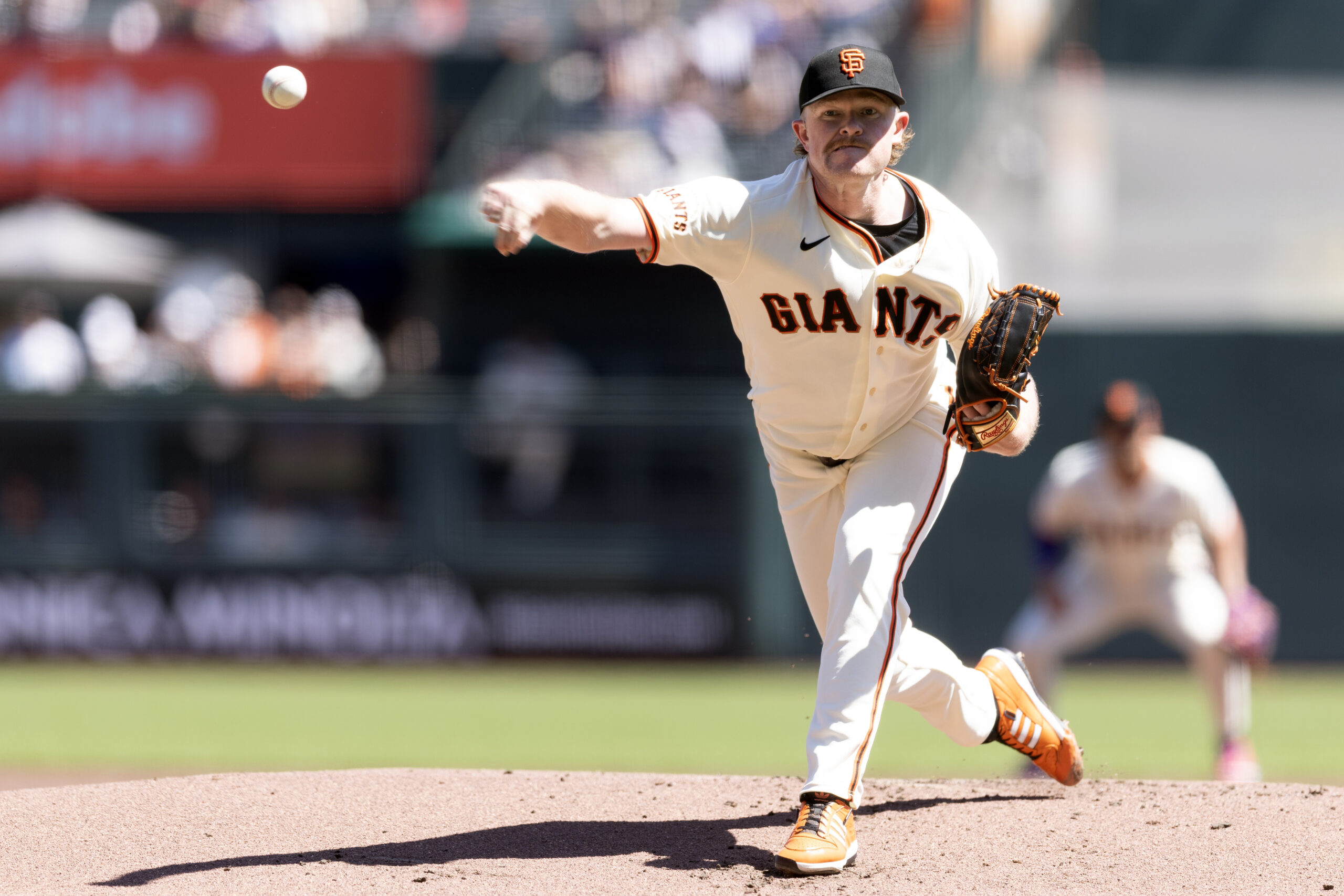Apr 5, 2026; San Francisco, California, USA; San Francisco Giants starting pitcher Logan Webb (62) delivers a pitch against the New York Mets during the first inning at Oracle Park. Mandatory Credit: D. Ross Cameron-Imagn Images