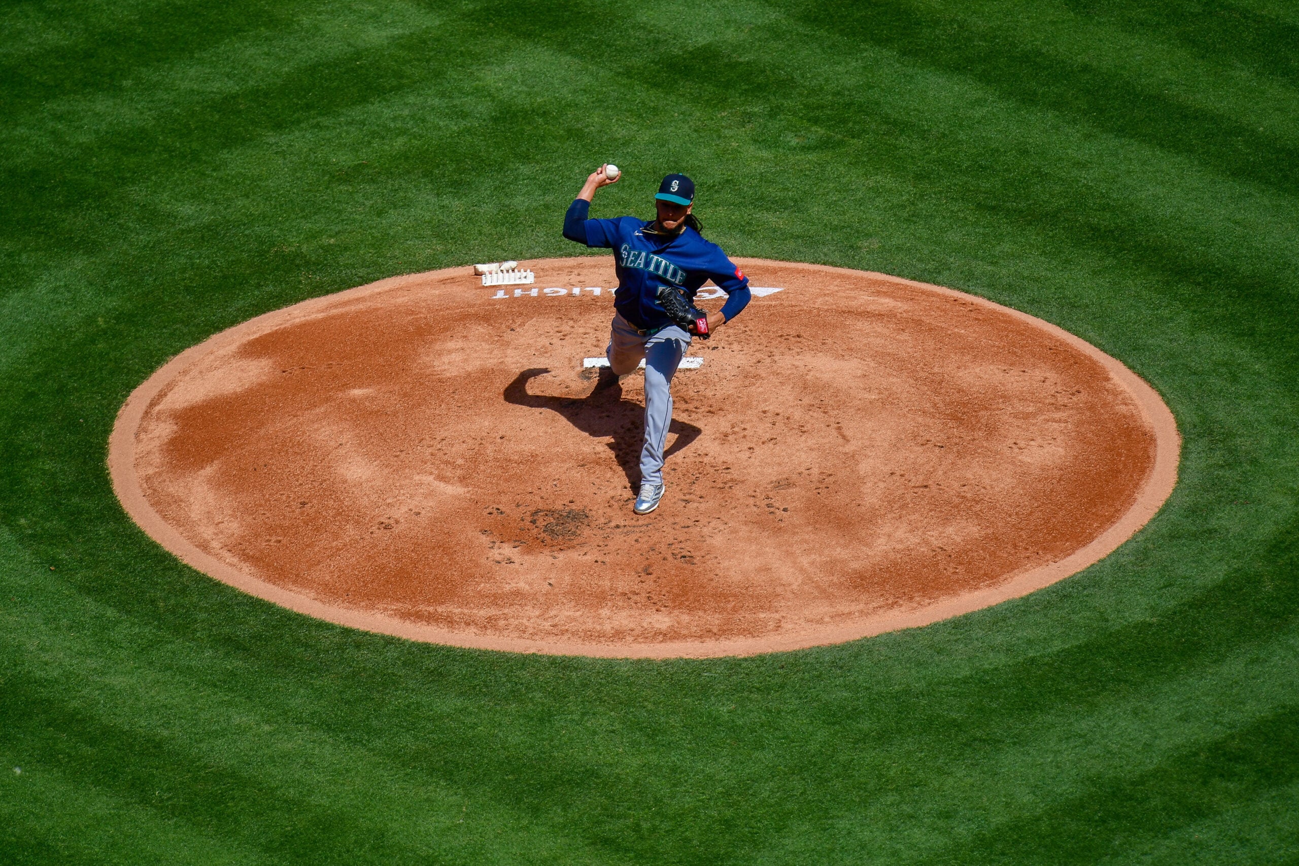 Apr 5, 2026; Anaheim, California, USA; Seattle Mariners pitcher Luis Castillo (58) throws against the Los Angeles Angels during the first inning at Angel Stadium. Mandatory Credit: Gary A. Vasquez-Imagn Images