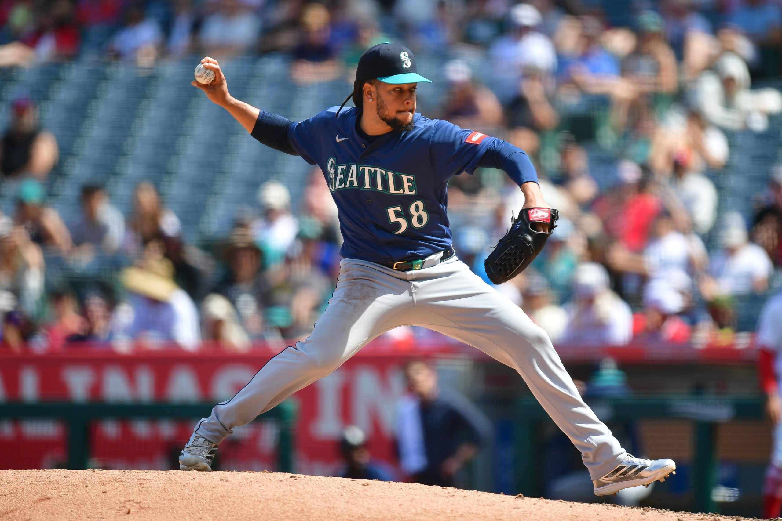Apr 5, 2026; Anaheim, California, USA; Seattle Mariners pitcher Luis Castillo (58) throws against the Los Angeles Angels during the third inning at Angel Stadium. Mandatory Credit: Gary A. Vasquez-Imagn Images