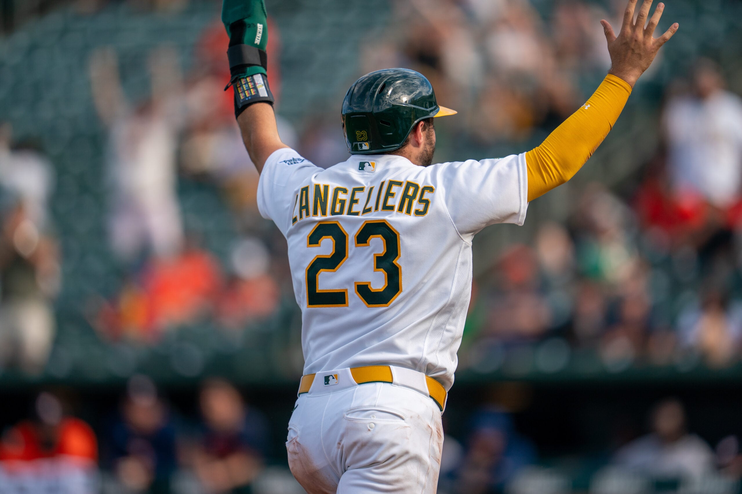 Apr 5, 2026; West Sacramento, California, USA; Athletics catcher Shea Langeliers (23) celebrates on the way to home plate against the Houston Astros during the tenth inning at Sutter Health Park. Mandatory Credit: Neville E. Guard-Imagn Images