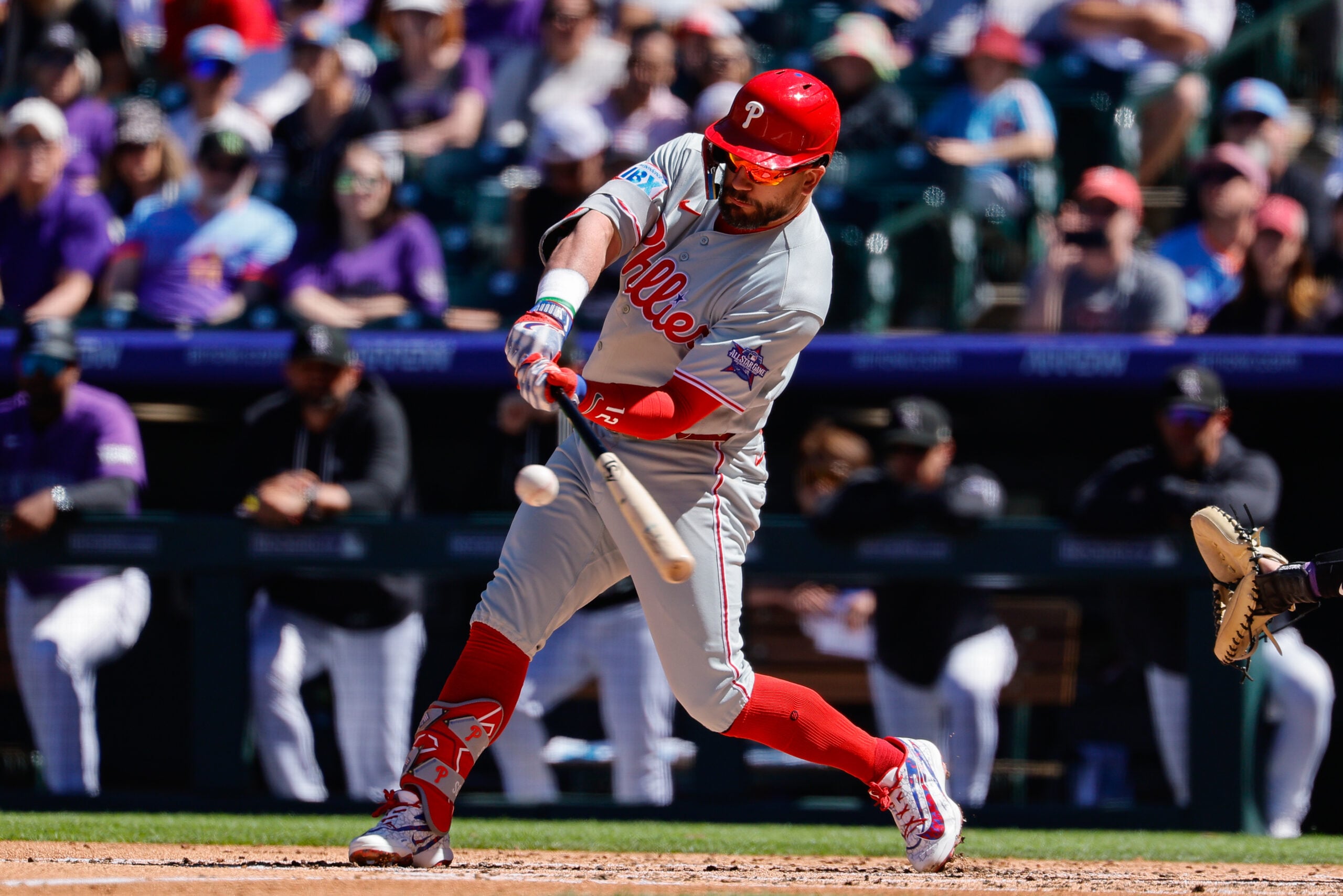 Apr 5, 2026; Denver, Colorado, USA; Philadelphia Phillies designated hitter Kyle Schwarber (12) bats in the third inning against the Colorado Rockies at Coors Field. Mandatory Credit: Isaiah J. Downing-Imagn Images