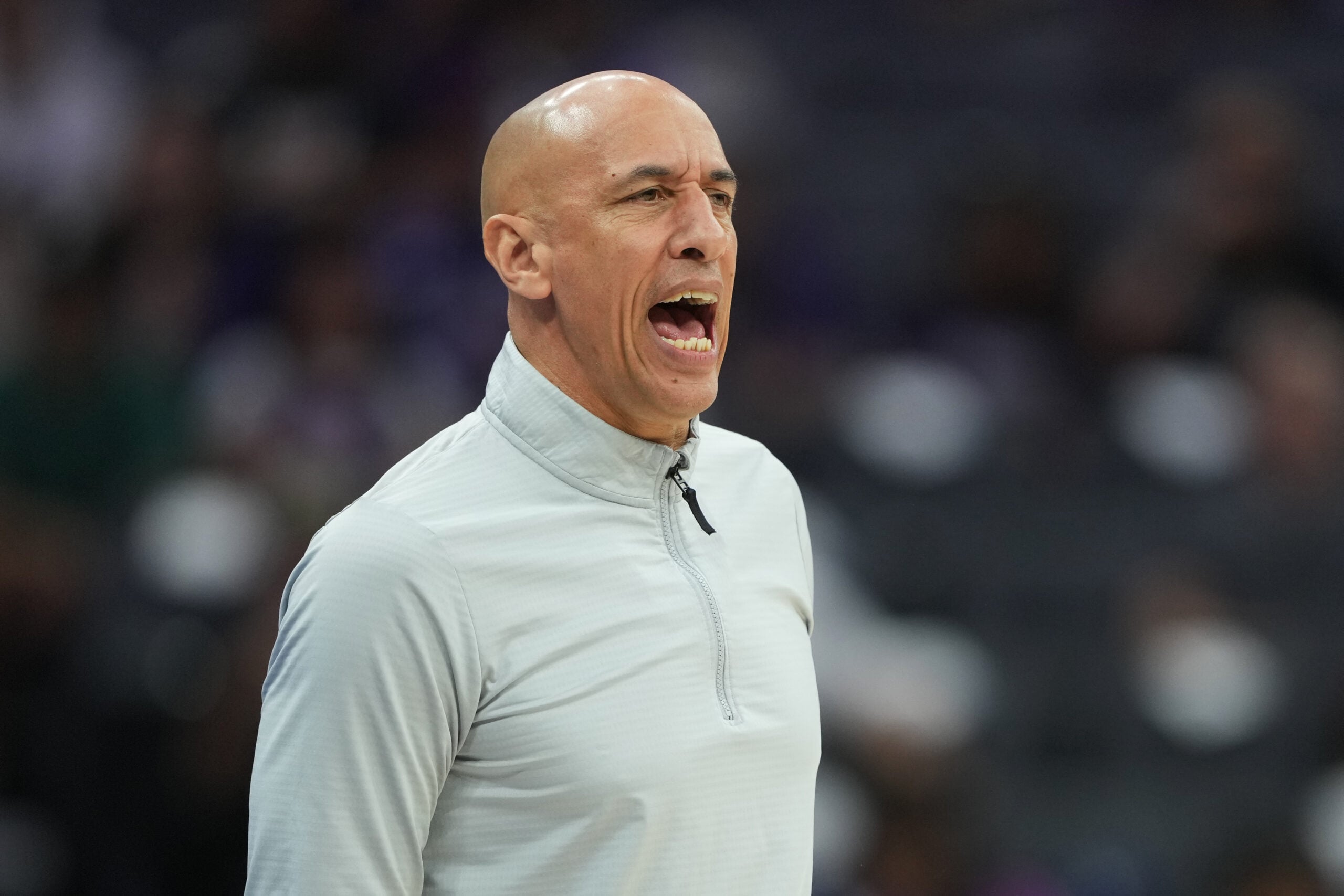 Apr 5, 2026; Sacramento, California, USA; Sacramento Kings head coach Doug Christie yells during the second quarter against the LA Clippers at Golden 1 Center. Mandatory Credit: Darren Yamashita-Imagn Images