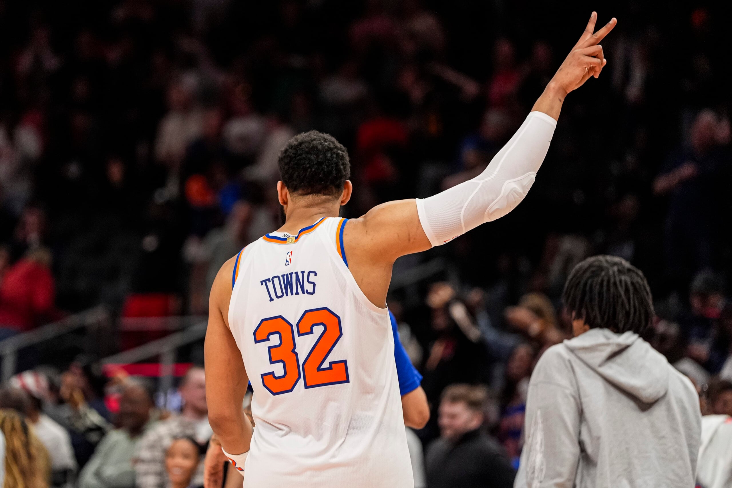Apr 6, 2026; Atlanta, Georgia, USA; New York Knicks center Karl-Anthony Towns (32) reacts after the Knicks defeated the Atlanta Hawks at State Farm Arena. Mandatory Credit: Dale Zanine-Imagn Images