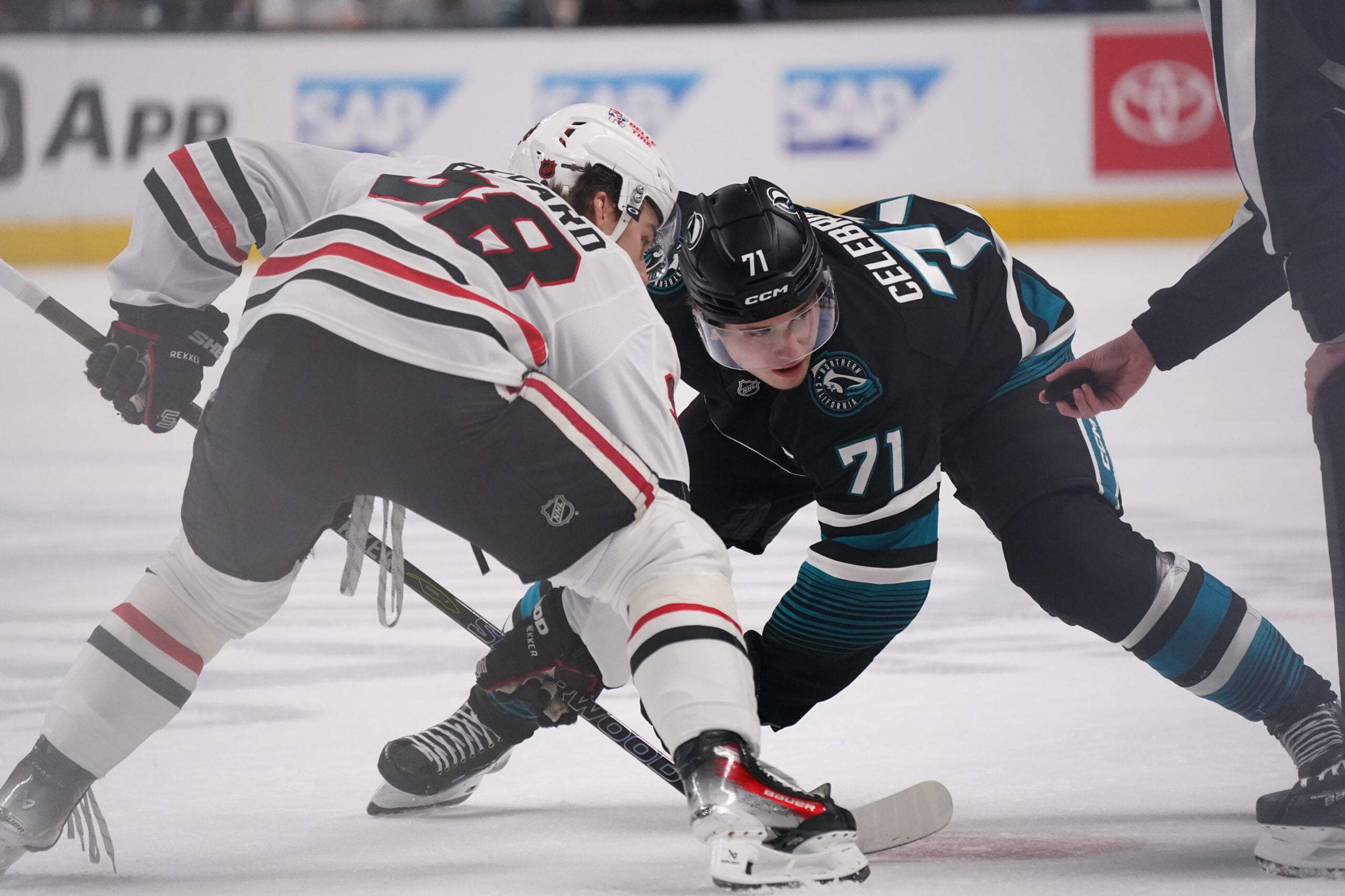 Apr 6, 2026; San Jose, California, USA;  San Jose Sharks center Macklin Celebrini (71) and Chicago Blackhawks center Connor Bedard (98) face off during the second period at SAP Center at San Jose. Mandatory Credit: David Gonzales-Imagn Images