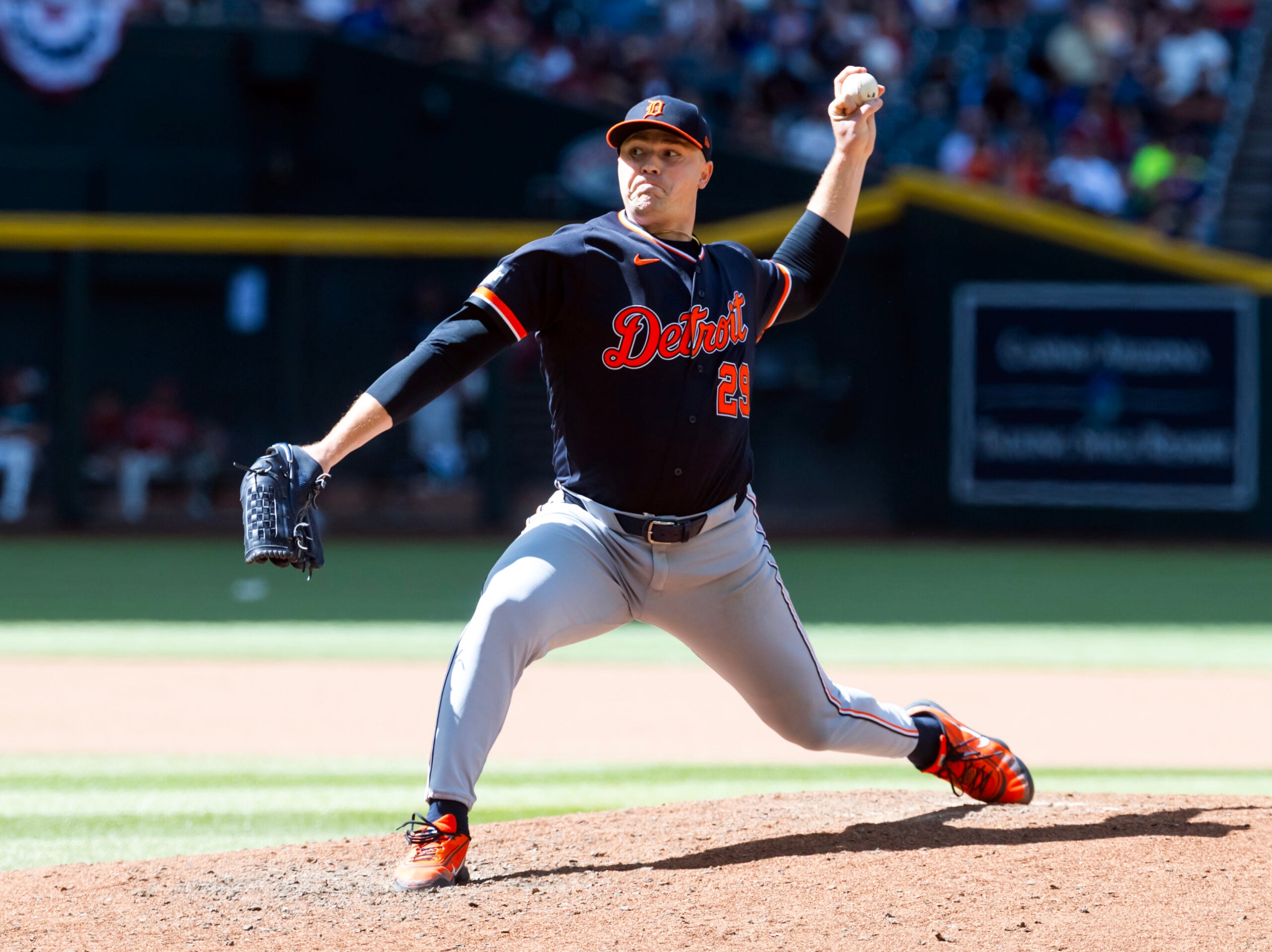 Apr 1, 2026; Phoenix, Arizona, USA; Detroit Tigers pitcher Tarik Skubal against the Arizona Diamondbacks at Chase Field. Mandatory Credit: Mark J. Rebilas-Imagn Images