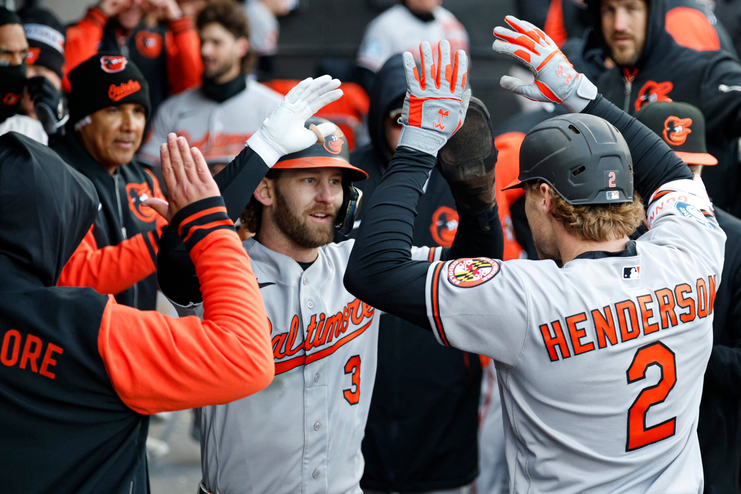 Apr 7, 2026; Chicago, Illinois, USA; Baltimore Orioles designated hitter Gunnar Henderson (2) celebrates with left fielder Taylor Ward (3) after hitting a two-run home run against the Chicago White Sox during the eight inning at Rate Field. Mandatory Credit: Kamil Krzaczynski-Imagn Images