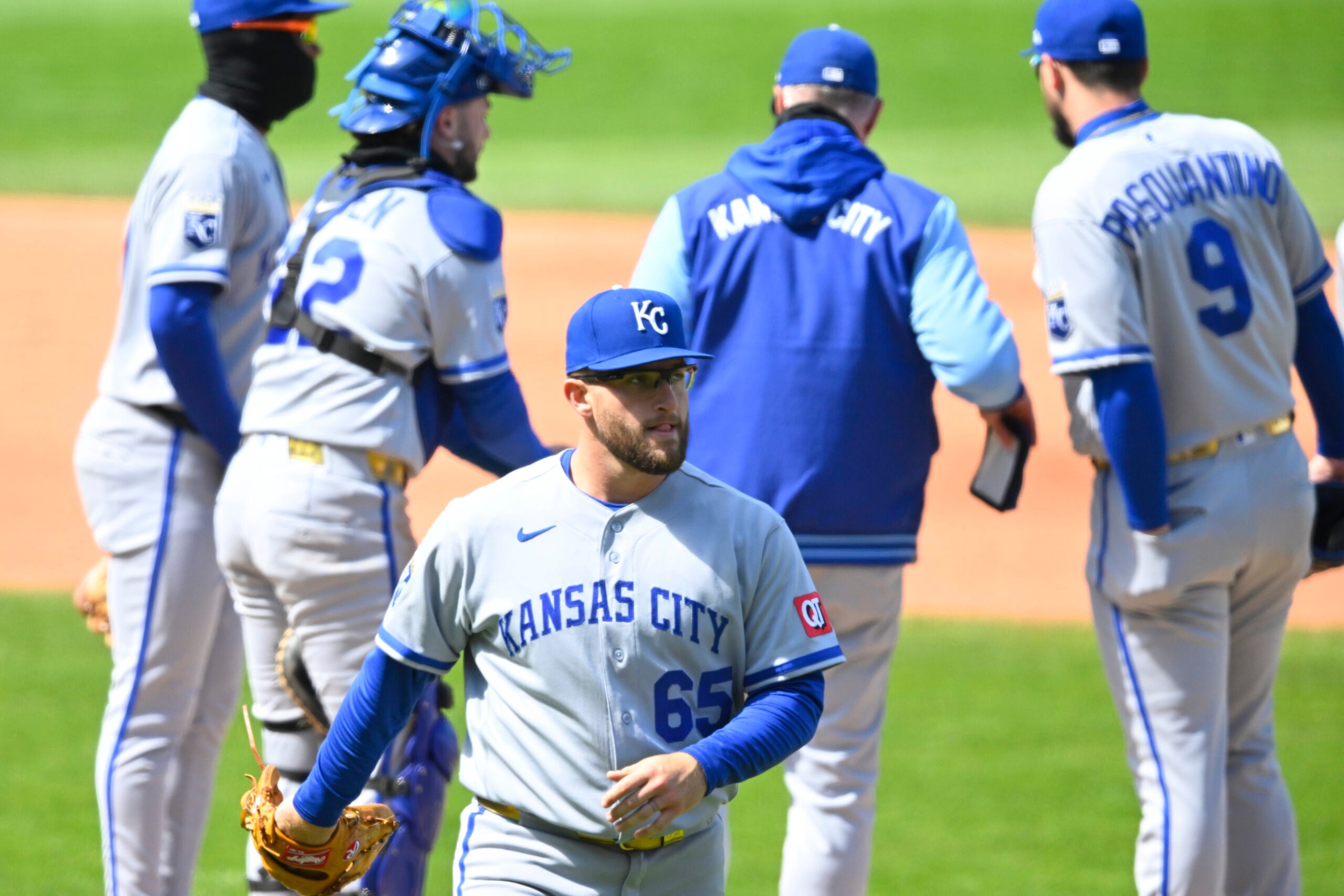 Apr 7, 2026; Cleveland, Ohio, USA; Kansas City Royals starting pitcher Noah Cameron (65) walks off the mound during a pitching change in the sixth inning against the Cleveland Guardians at Progressive Field. Mandatory Credit: David Richard-Imagn Images