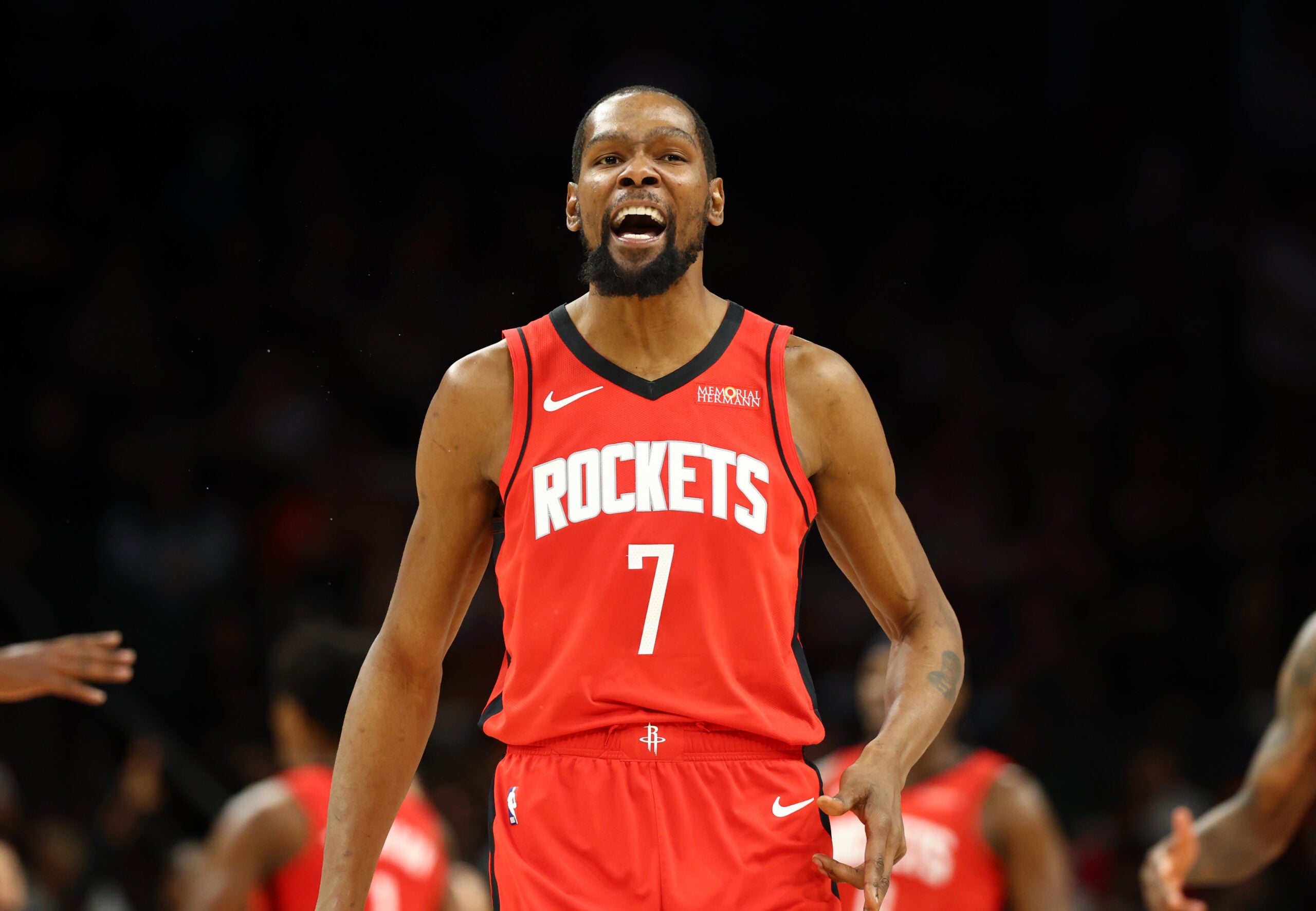 Apr 7, 2026; Phoenix, Arizona, USA; Houston Rockets forward Kevin Durant (7) celebrates a three point shot against the Phoenix Suns in the second half at Mortgage Matchup Center. Mandatory Credit: Mark J. Rebilas-Imagn Images
