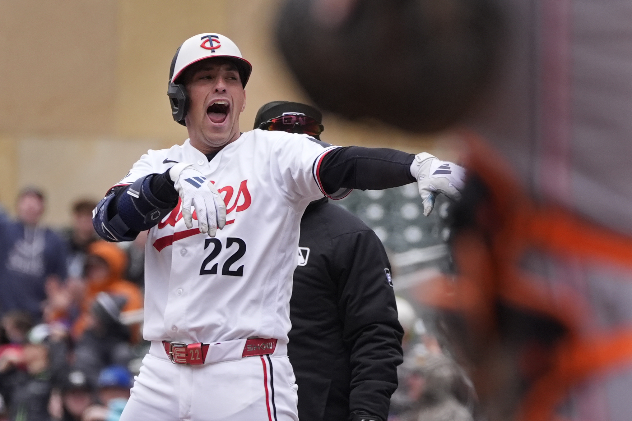 Apr 9, 2026; Minneapolis, Minnesota, USA; Minnesota Twins third baseman Royce Lewis (23) celebrates his two-run single against the Detroit Tigers in the eighth inning at Target Field. Mandatory Credit: Bruce Kluckhohn-Imagn Images