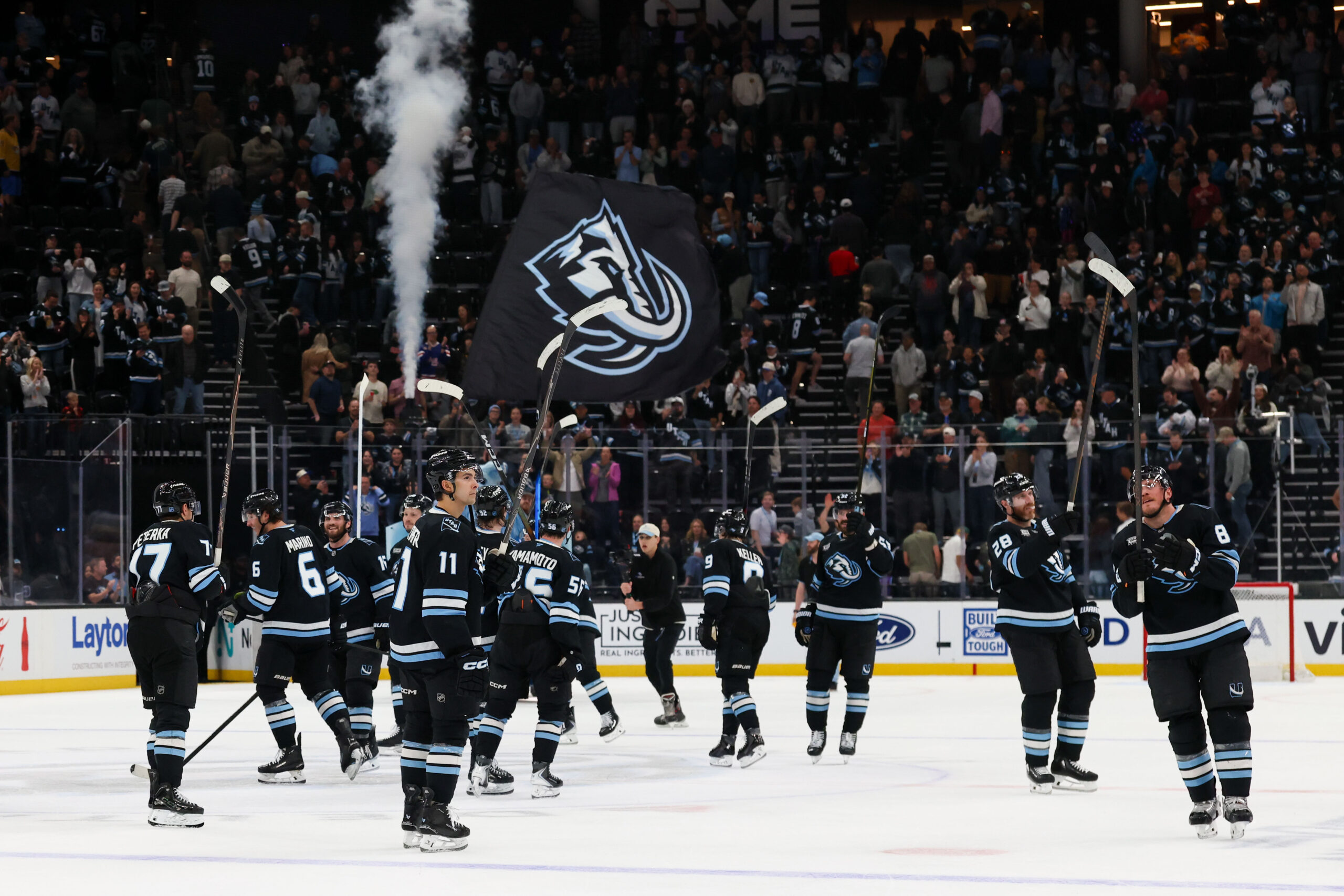 Apr 9, 2026; Salt Lake City, Utah, USA; Utah Mammoth players acknowledge the crowd after defeating the Nashville Predators in the third period at Delta Center. Mandatory Credit: Rob Gray-Imagn Images
