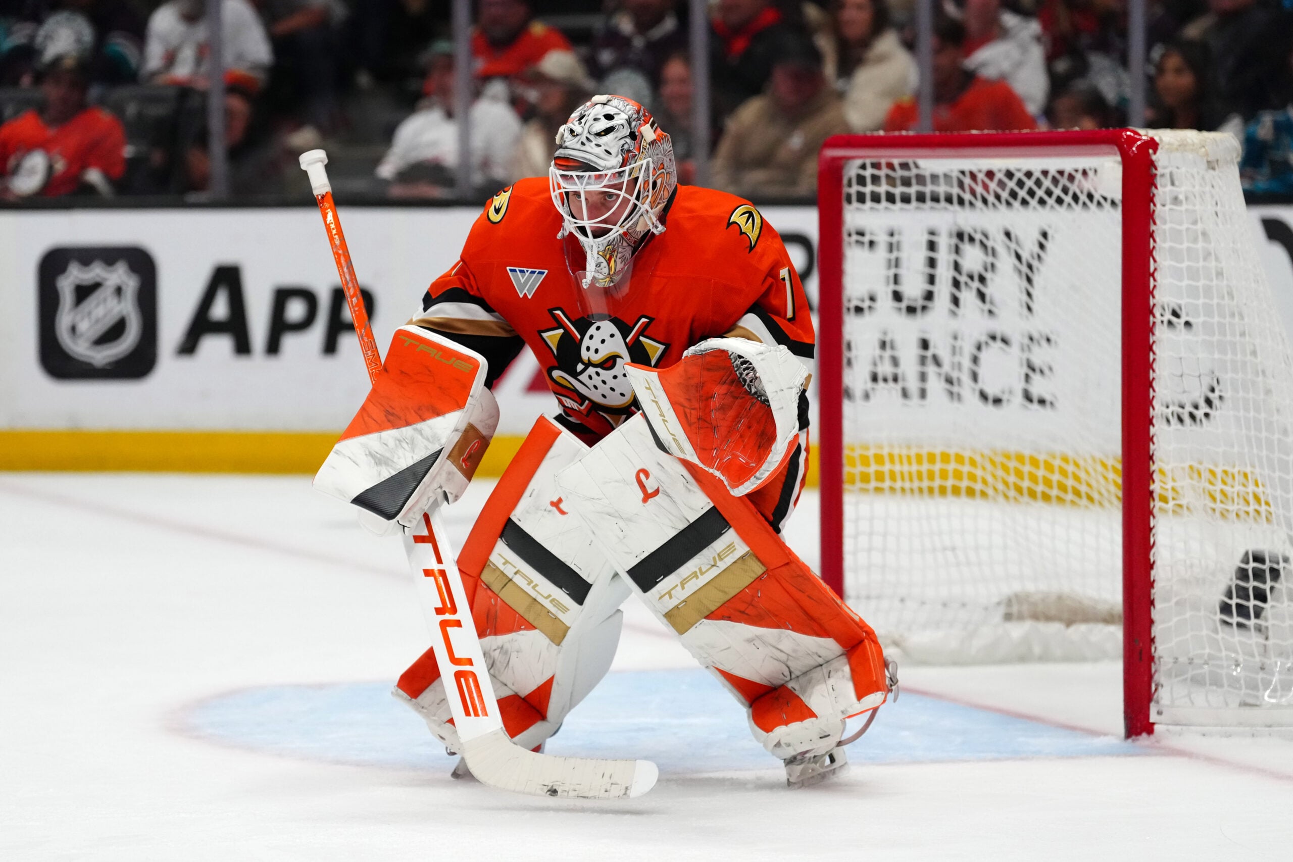 Apr 9, 2026; Anaheim, California, USA; Anaheim Ducks goaltender Lukas Dostal (1) defends the goal against the San Jose Sharks in the third period at Honda Center. Mandatory Credit: Kirby Lee-Imagn Images