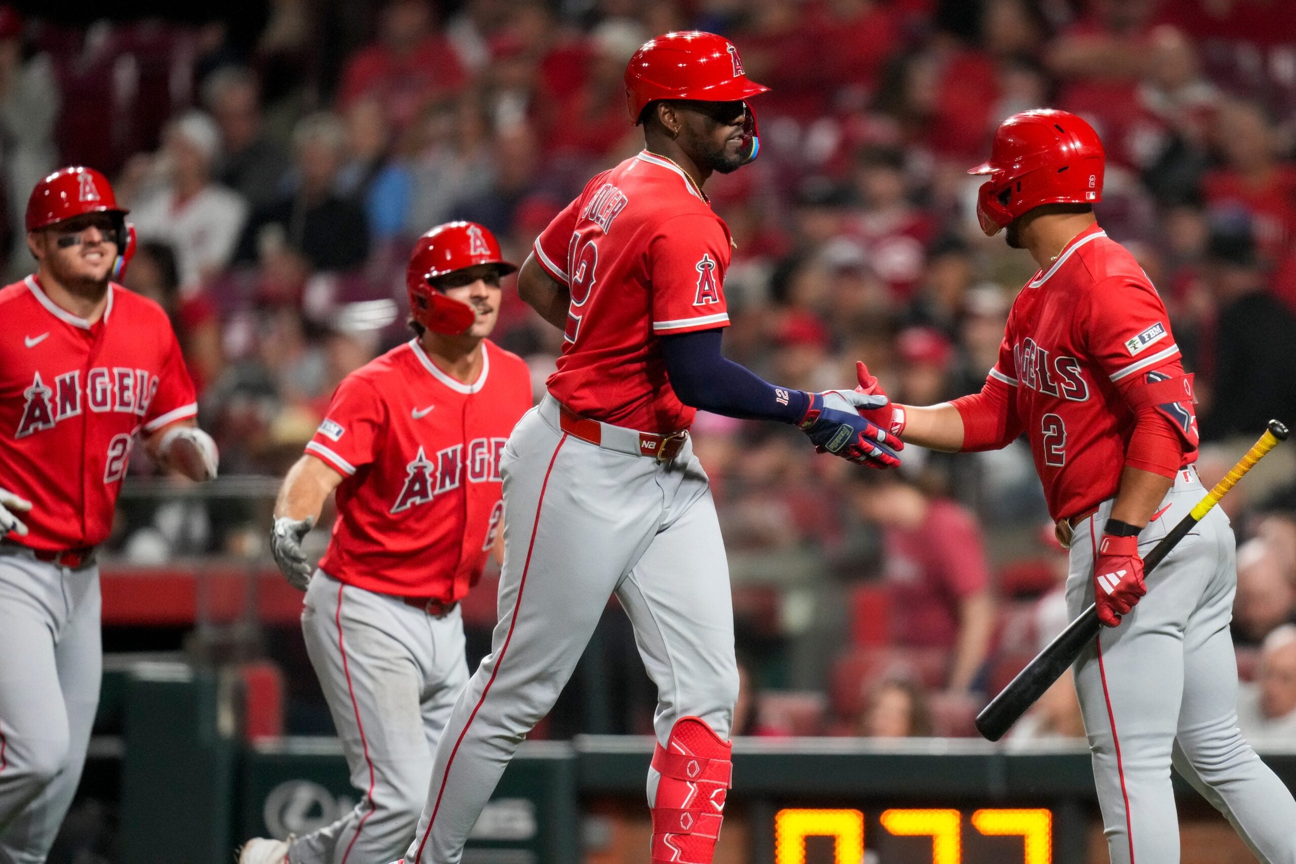 Los Angeles Angels designated hitter Jorge Soler (12) celebrates after hitting a grand slam in the eighth inning of the MLB Interleague game between the Cincinnati Reds and the Los Angeles Angels at Great American Ball Park in downtown Cincinnati on Friday, April 10, 2026. The Angels won 10-2.