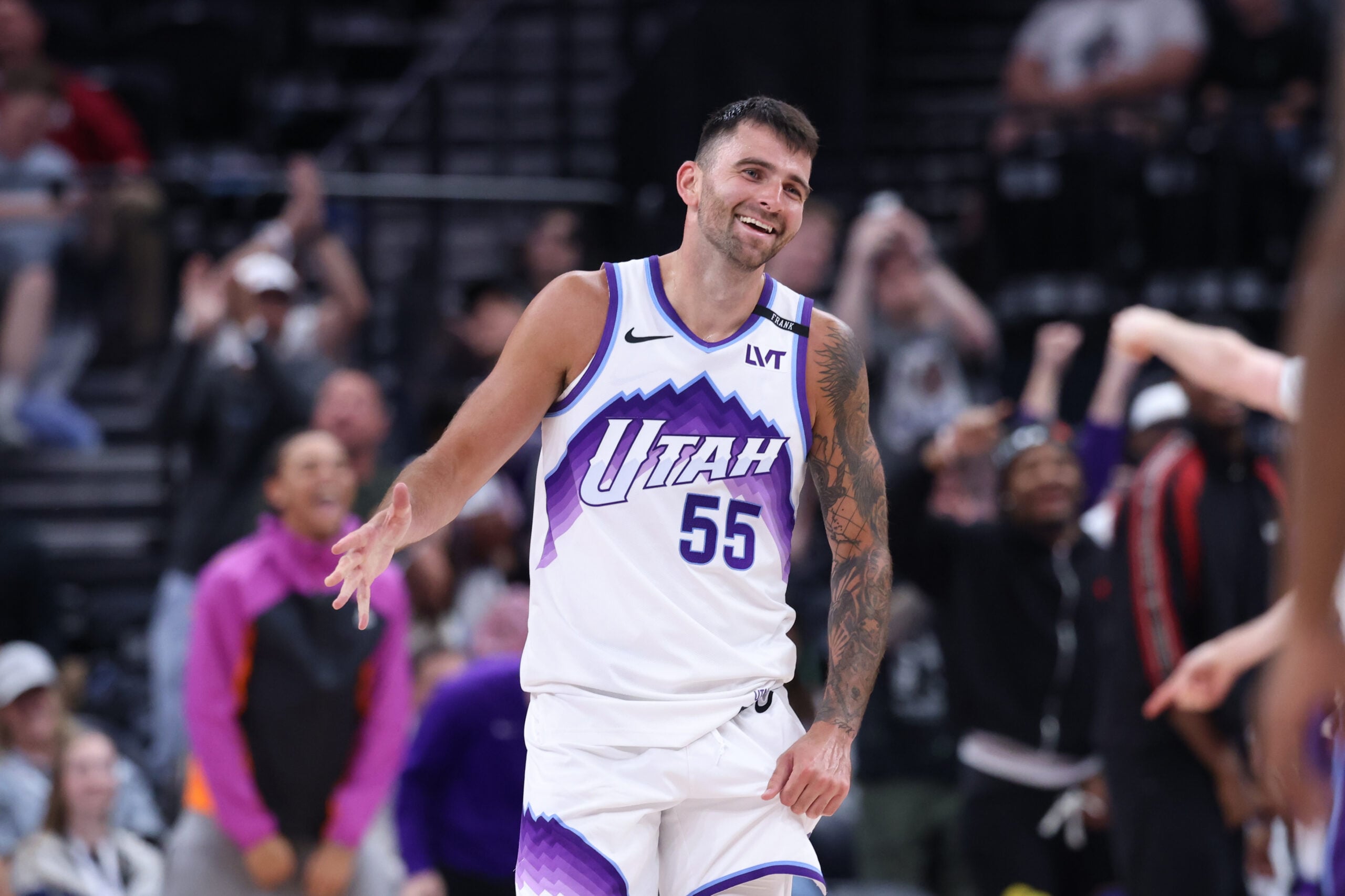 Apr 10, 2026; Salt Lake City, Utah, USA; Utah Jazz guard John Konchar (55) reacts after completing a triple double against the Memphis Grizzlies during the second half at Delta Center. Mandatory Credit: Rob Gray-Imagn Images