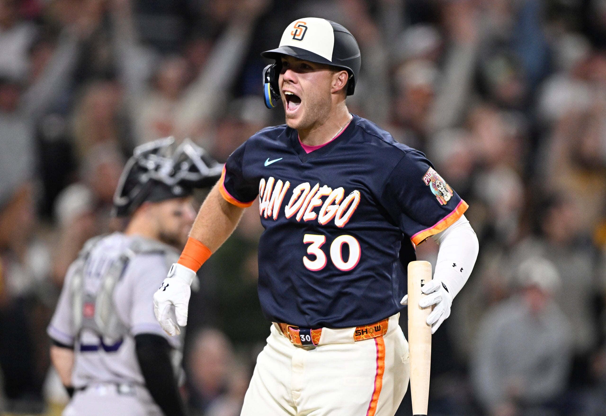 Apr 10, 2026; San Diego, California, USA; San Diego Padres first baseman Gavin Sheets (30) celebrates after hitting a walk off three-run home run during the ninth inning against the Colorado Rockies at Petco Park. Mandatory Credit: Denis Poroy-Imagn Images