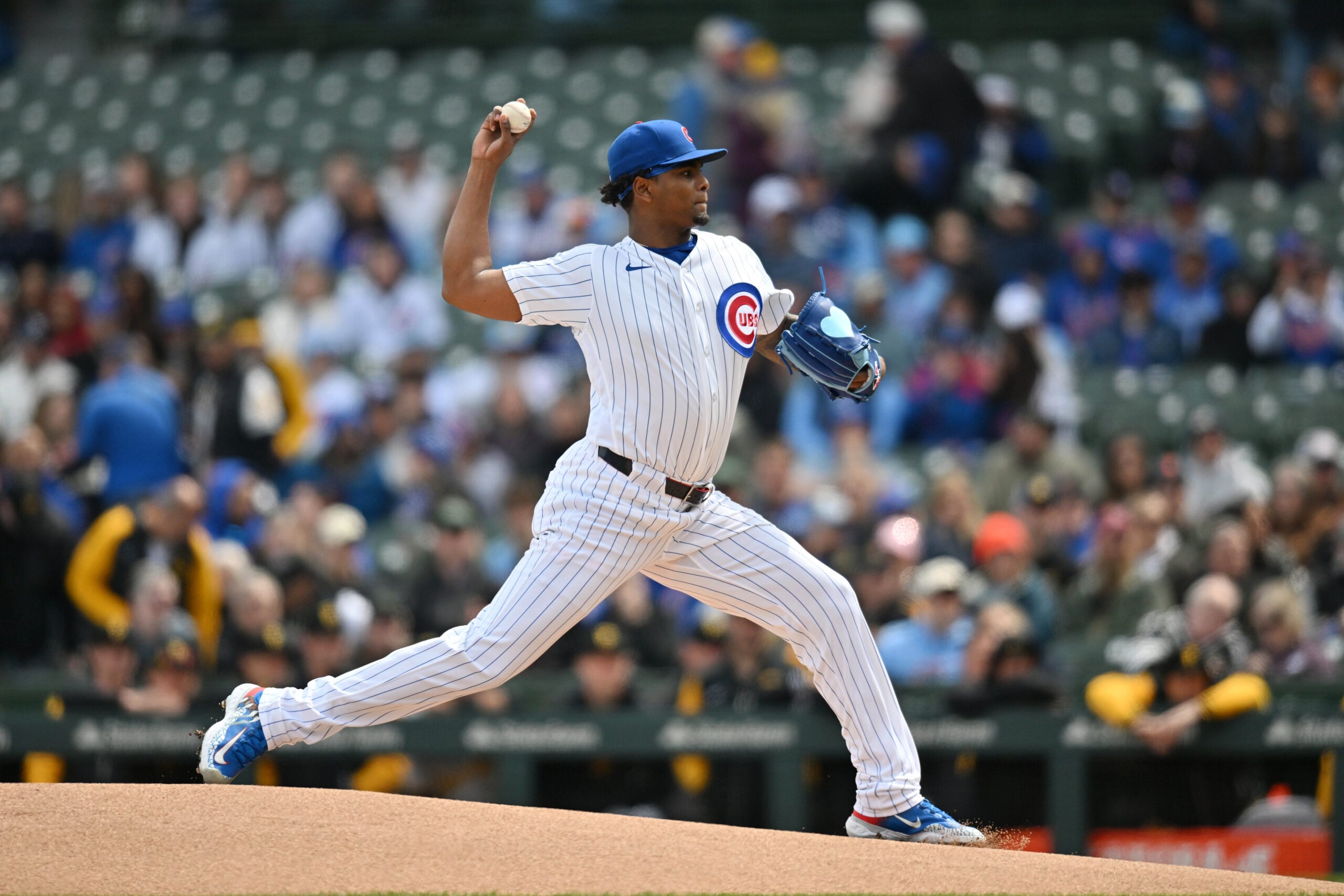 Apr 11, 2026; Chicago, Illinois, USA; Chicago Cubs pitcher Edward Cabrera (30) pitches against the Pittsburgh Pirates during the first inning at Wrigley Field. Mandatory Credit: Patrick Gorski-Imagn Images
