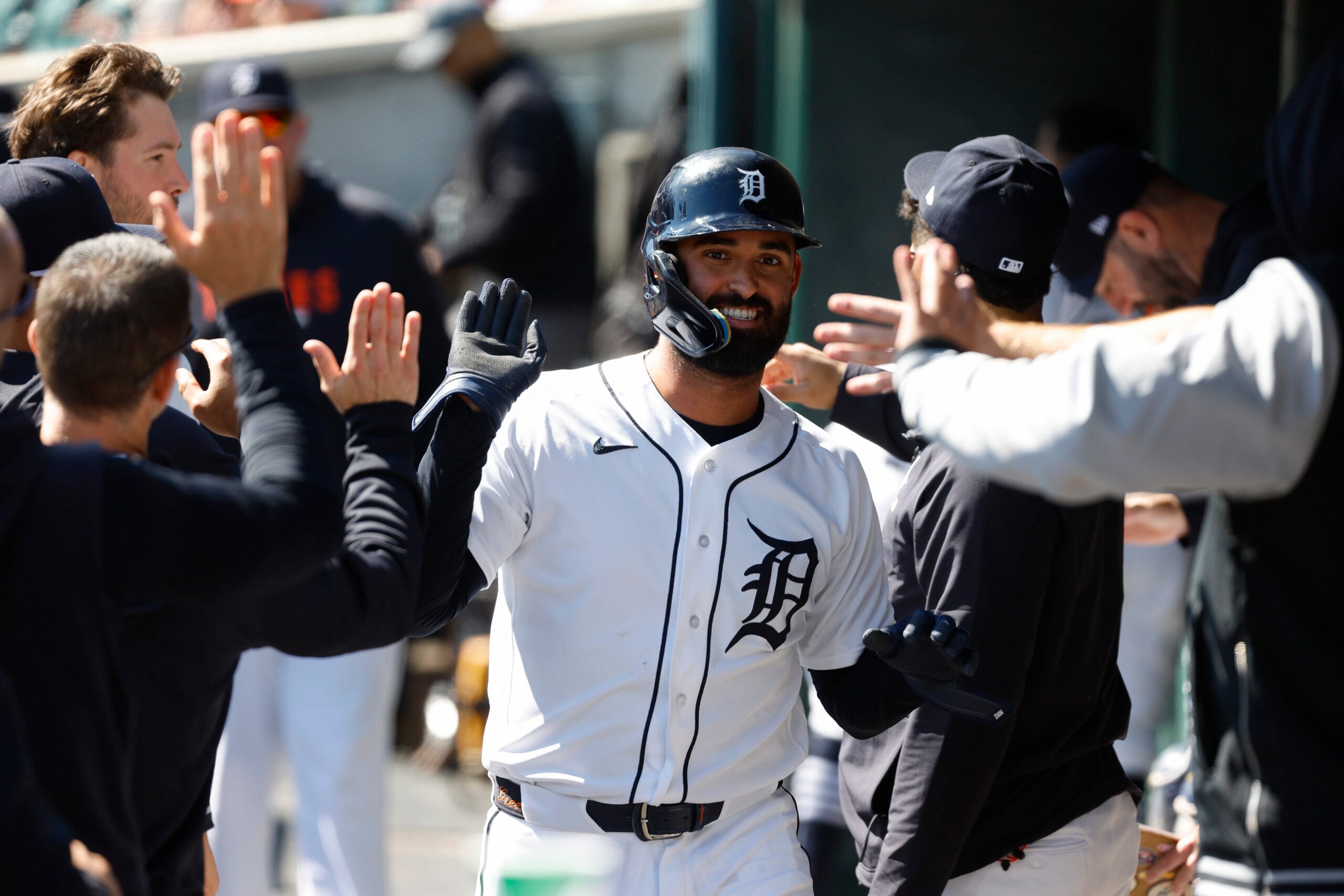 Apr 11, 2026; Detroit, Michigan, USA; Detroit Tigers left fielder Riley Greene (31) celebrates after scoring a run in the eighth inning against the Miami Marlins at Comerica Park. Mandatory Credit: Brian Bradshaw Sevald-Imagn Images