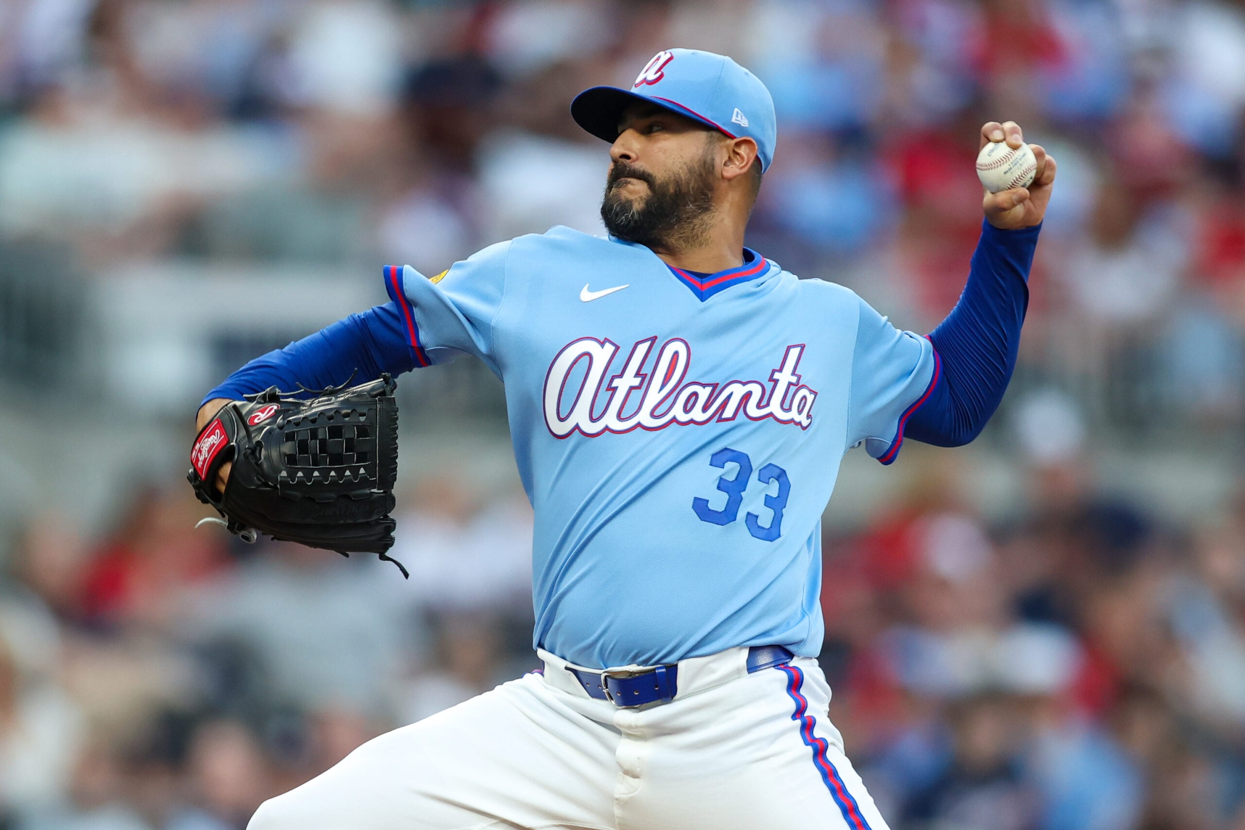 Apr 11, 2026; Atlanta, Georgia, USA; Atlanta Braves starting pitcher Martin Perez (33) throws against the Cleveland Guardians in the second inning at Truist Park. Mandatory Credit: Brett Davis-Imagn Images