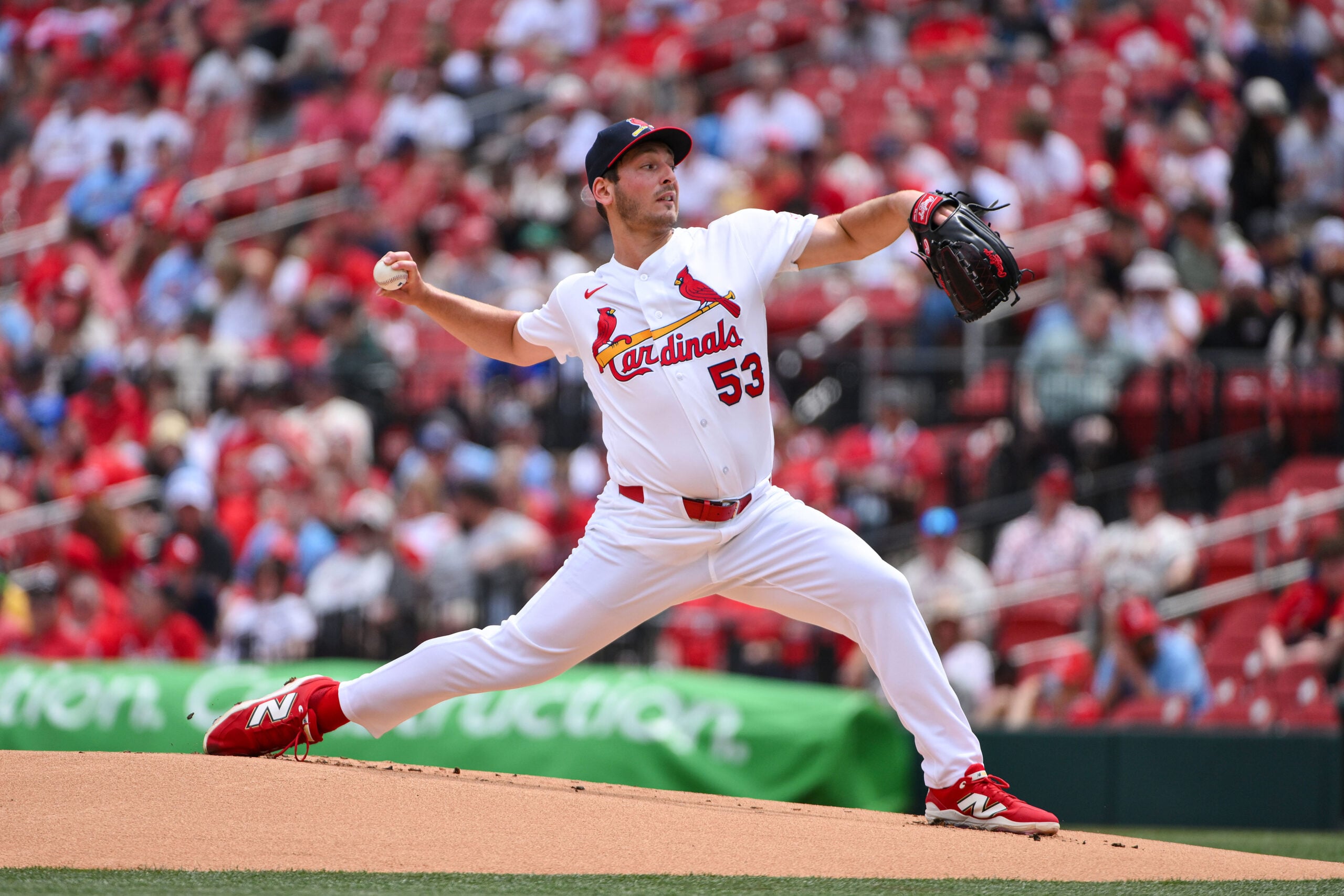 Apr 12, 2026; St. Louis, Missouri, USA; St. Louis Cardinals starting pitcher Andre Pallante (53) pitches against the Boston Red Sox during the first inning at Busch Stadium. Mandatory Credit: Jeff Curry-Imagn Images