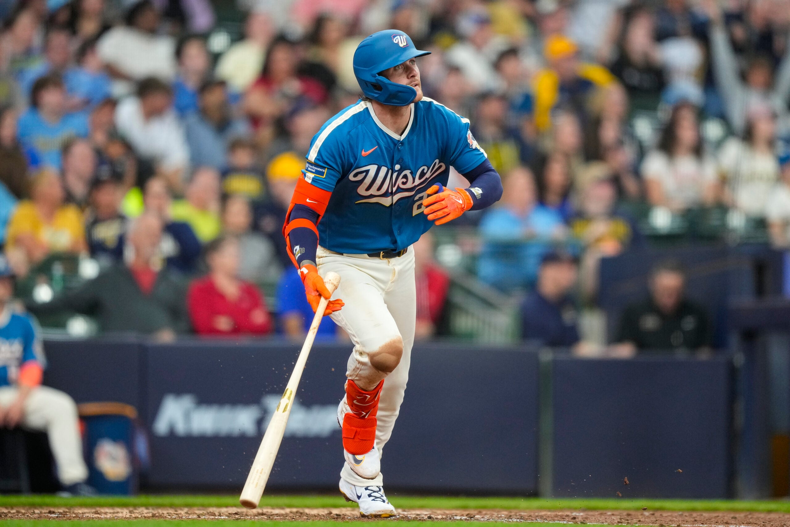 Apr 12, 2026; Milwaukee, Wisconsin, USA;  Milwaukee Brewers second baseman Brice Turang (2) watches his home run during the fifth inning against the Washington Nationals at American Family Field. Mandatory Credit: Jeff Hanisch-Imagn Images