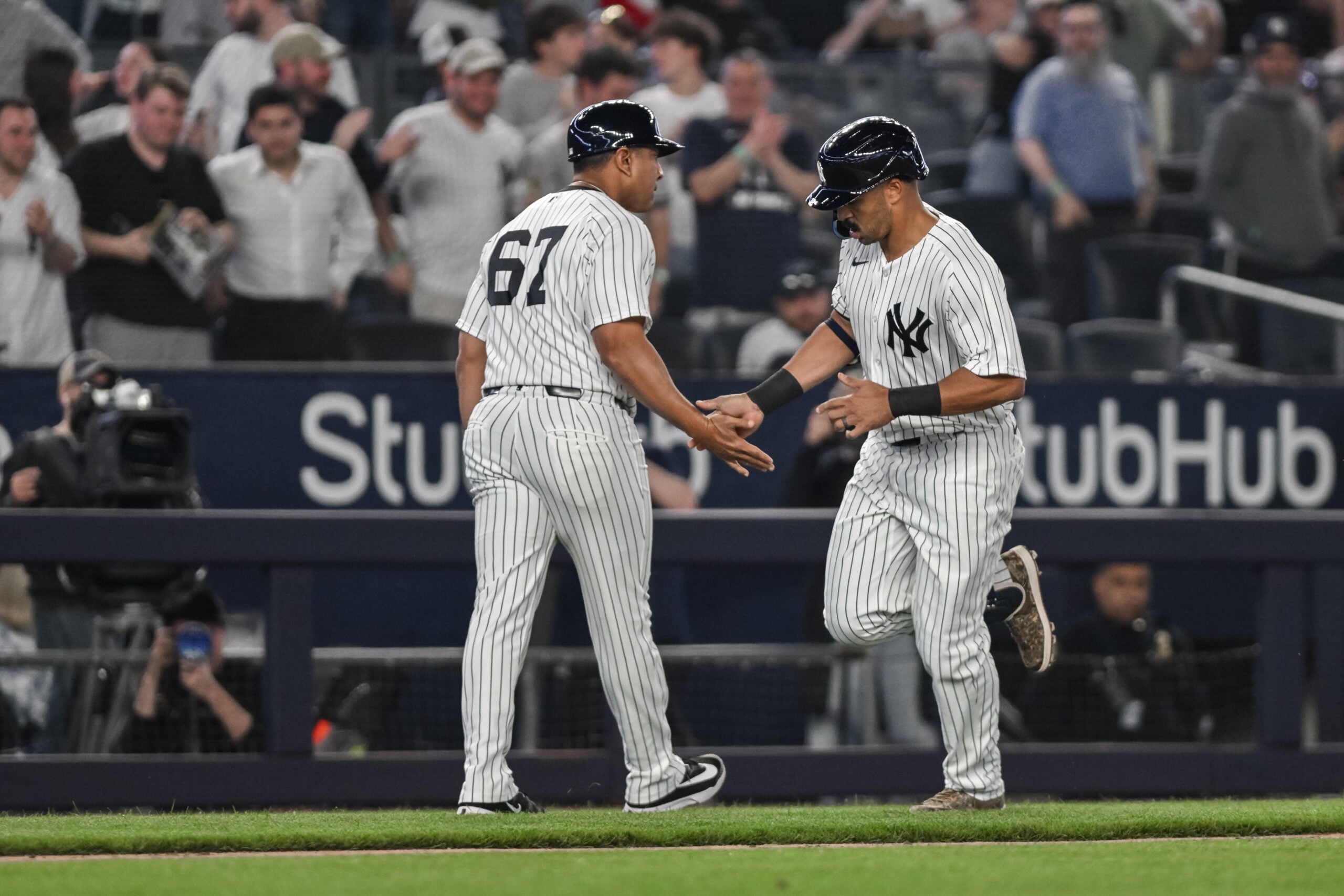 Apr 13, 2026; Bronx, New York, USA; New York Yankees center fielder Trent Grisham (12) runs the bases after hitting a three run home run against the Los Angeles Angels during the fifth inning at Yankee Stadium. Mandatory Credit: John Jones-Imagn Images