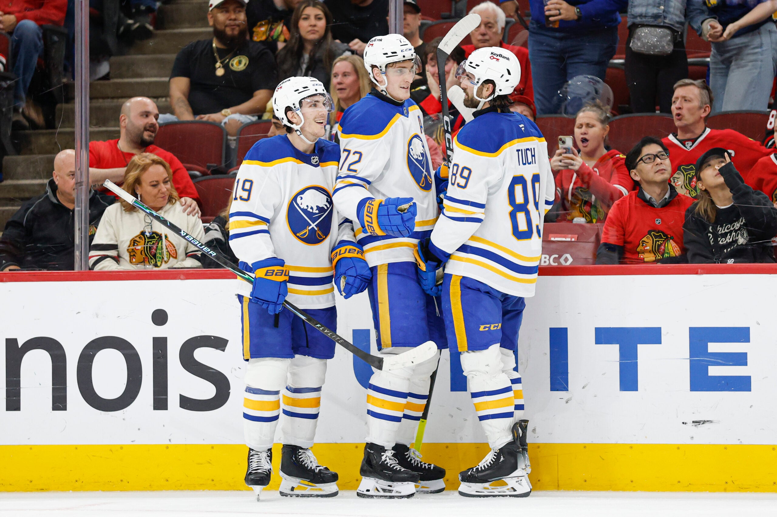 Apr 13, 2026; Chicago, Illinois, USA; Buffalo Sabres center Tage Thompson (72) celebrates with teammates after scoring against the Chicago Blackhawks during the second period at United Center. Mandatory Credit: Kamil Krzaczynski-Imagn Images
