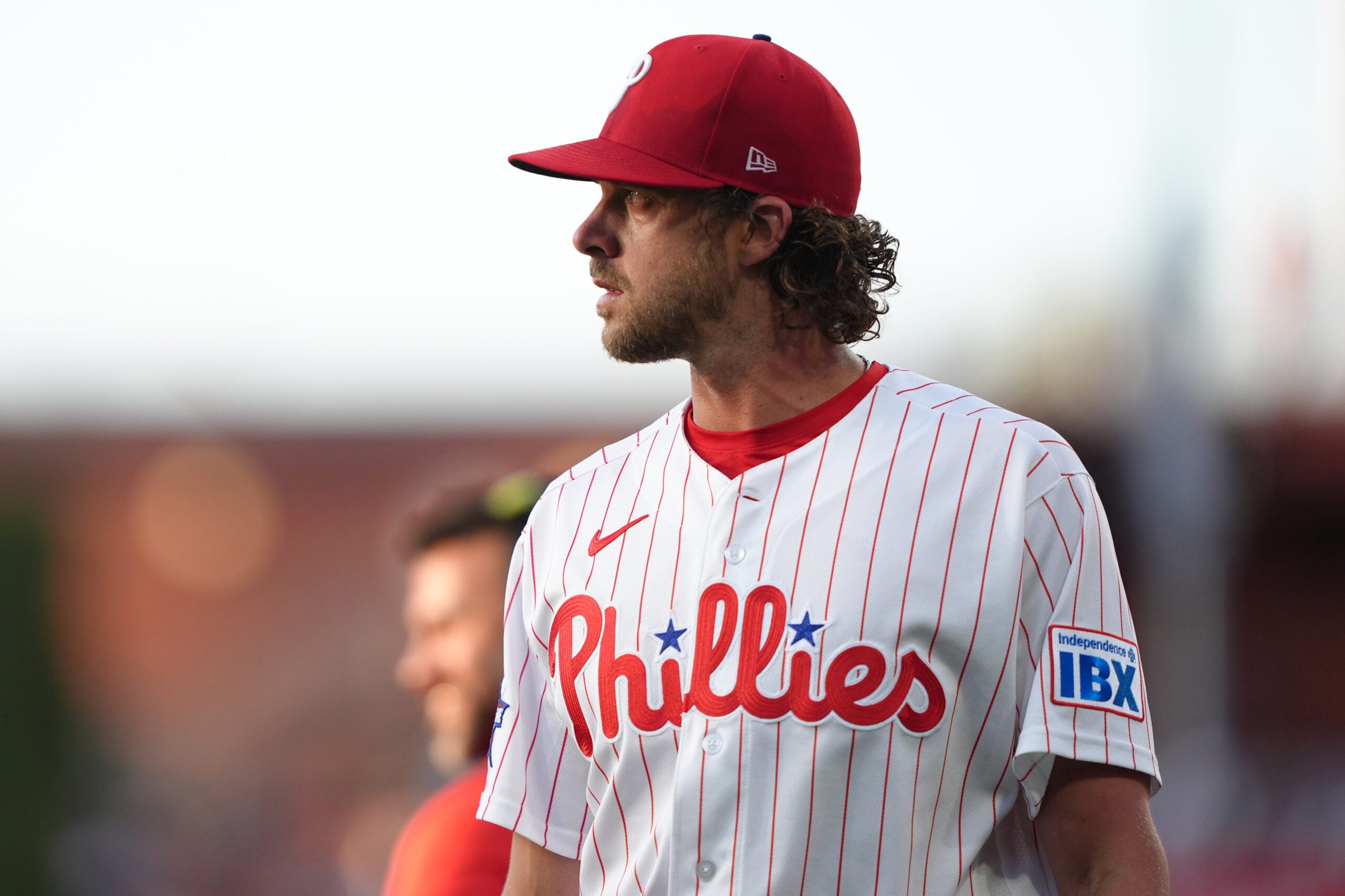 Apr 14, 2026; Philadelphia, Pennsylvania, USA; Philadelphia Phillies starting pitcher Aaron Nola (27) enters the field before the game against the Chicago Cubs  at Citizens Bank Park. Mandatory Credit: Kyle Ross-Imagn Images