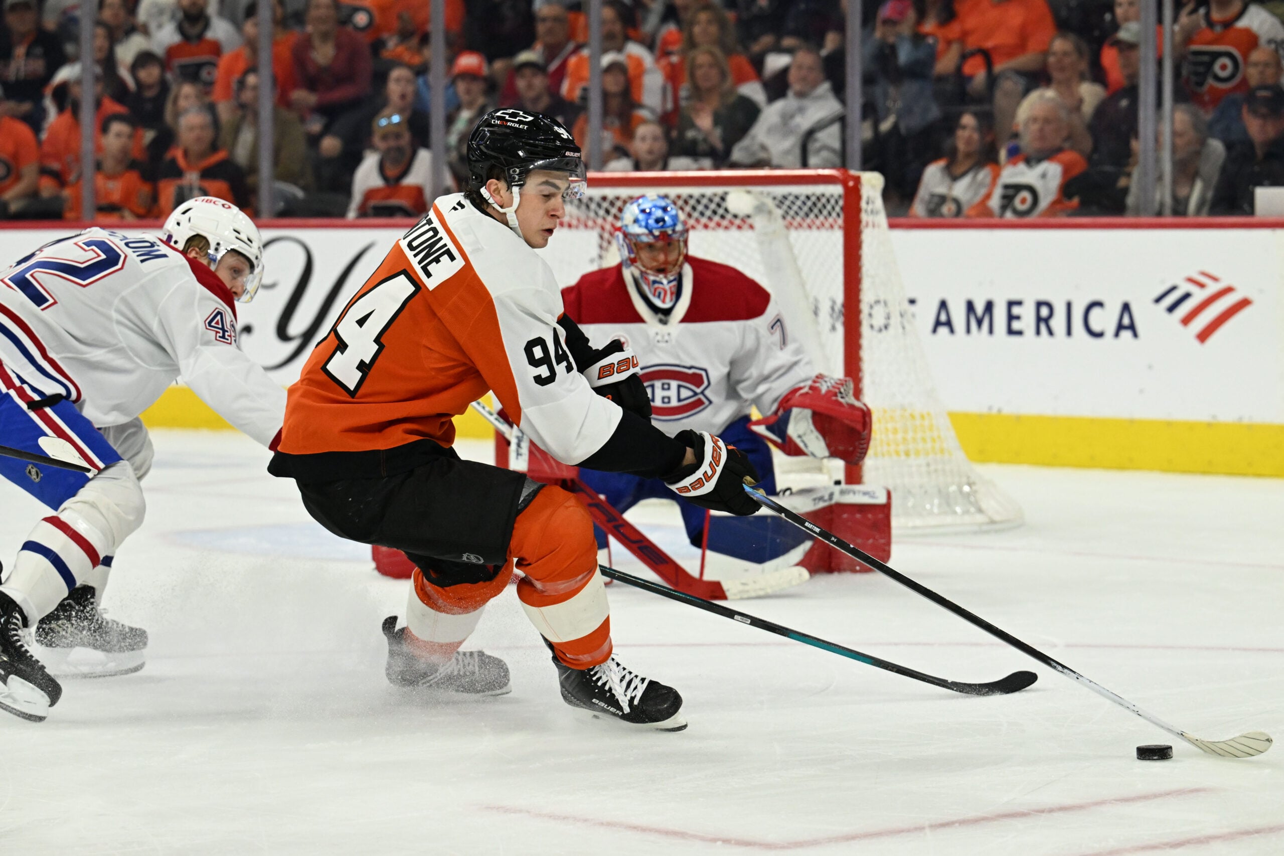 Apr 14, 2026; Philadelphia, Pennsylvania, USA; Philadelphia Flyers right wing Porter Martone (94) controls the puck against the Montréal Canadiens during the second period at Xfinity Mobile Arena. Mandatory Credit: Eric Hartline-Imagn Images
