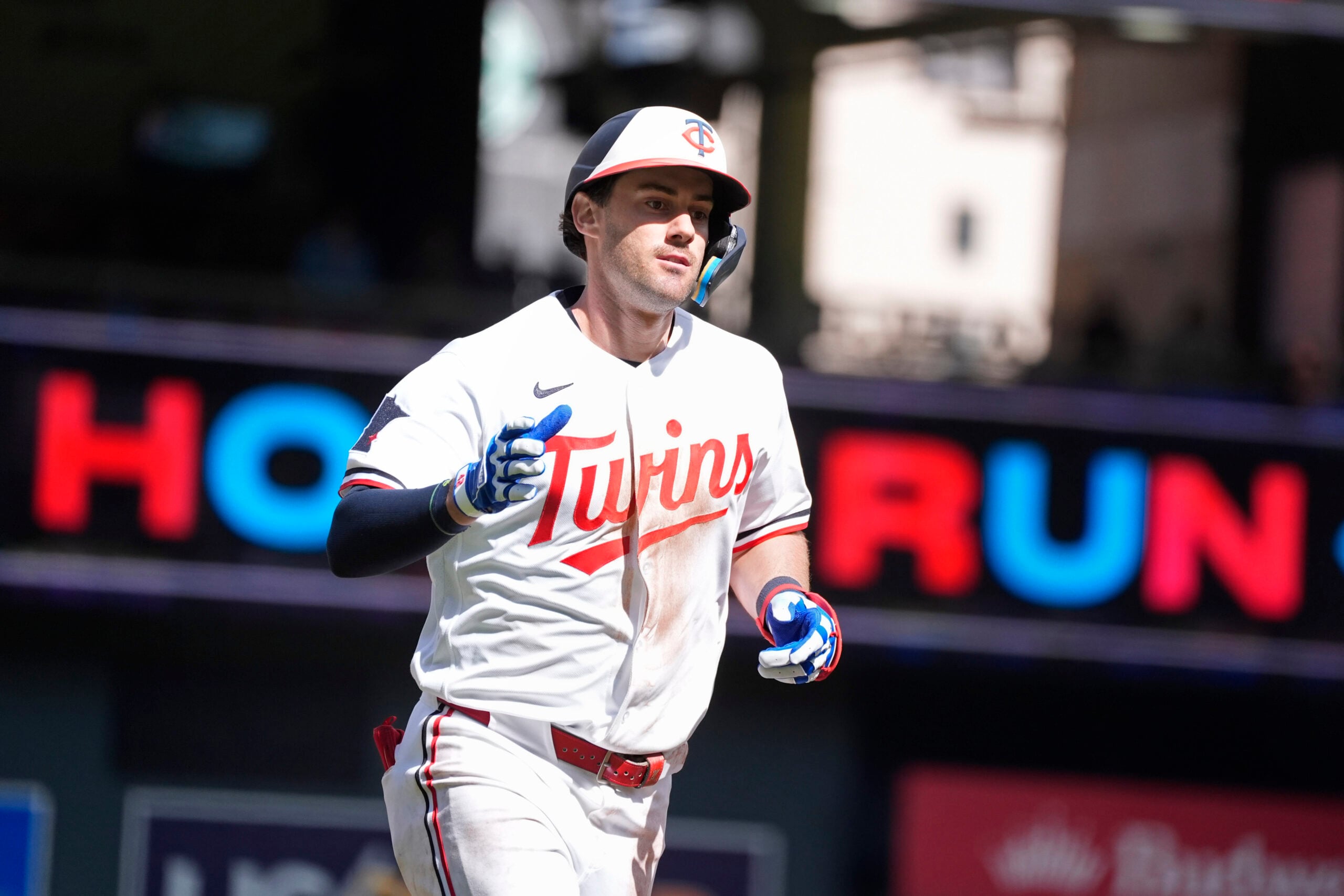 Apr 15, 2026; Minneapolis, Minnesota, USA; Minnesota Twins third baseman Ryan Kreidler runs the bases on his three run home run against the Boston Red Sox in the ninth inning at Target Field. Mandatory Credit: Bruce Kluckhohn-Imagn Images