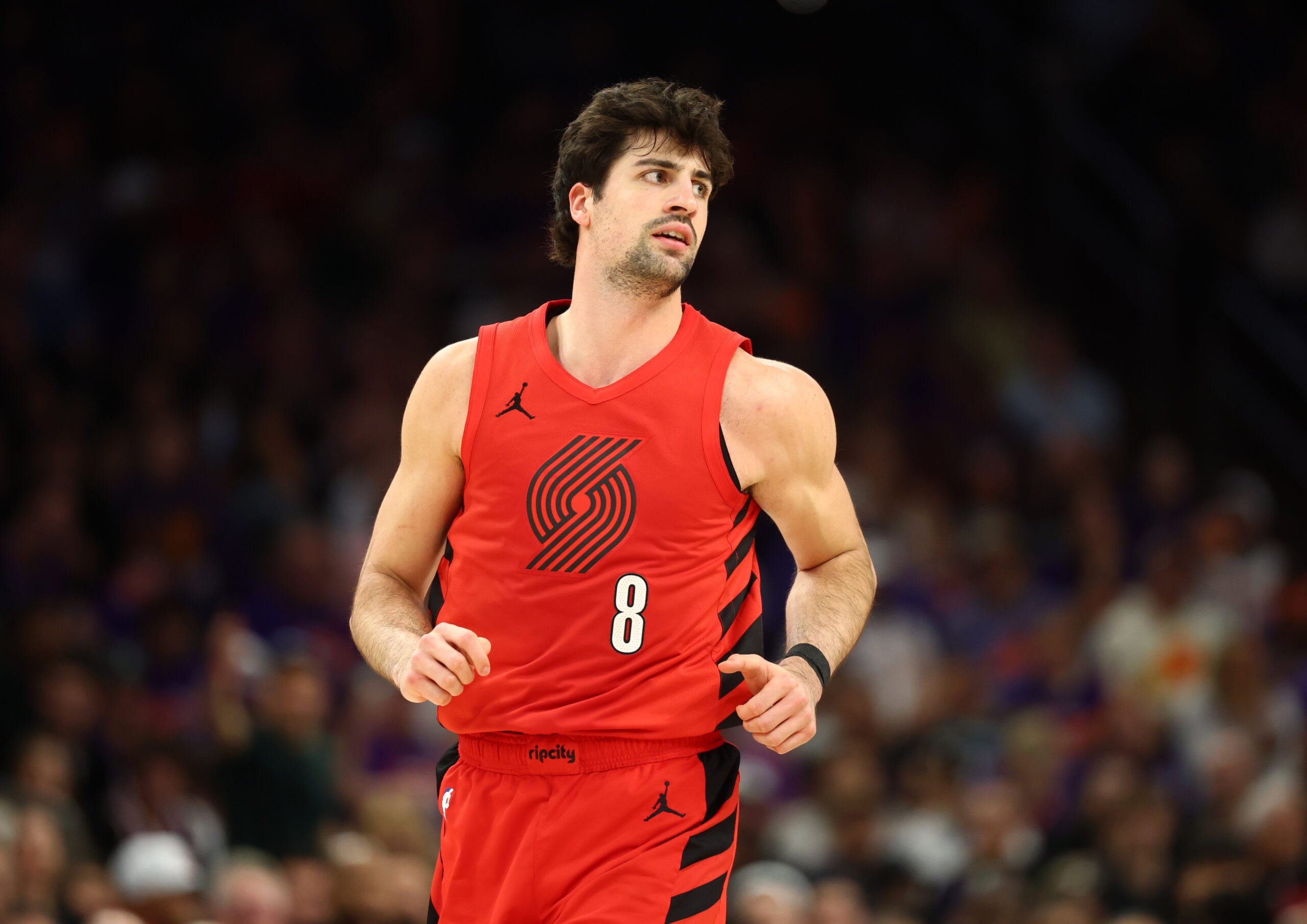 Apr 14, 2026; Phoenix, Arizona, USA; Portland Trail Blazers forward Deni Avdija (8) against the Phoenix Suns during the play-in rounds of the 2026 NBA Playoffs at Mortgage Matchup Center. Mandatory Credit: Mark J. Rebilas-Imagn Images