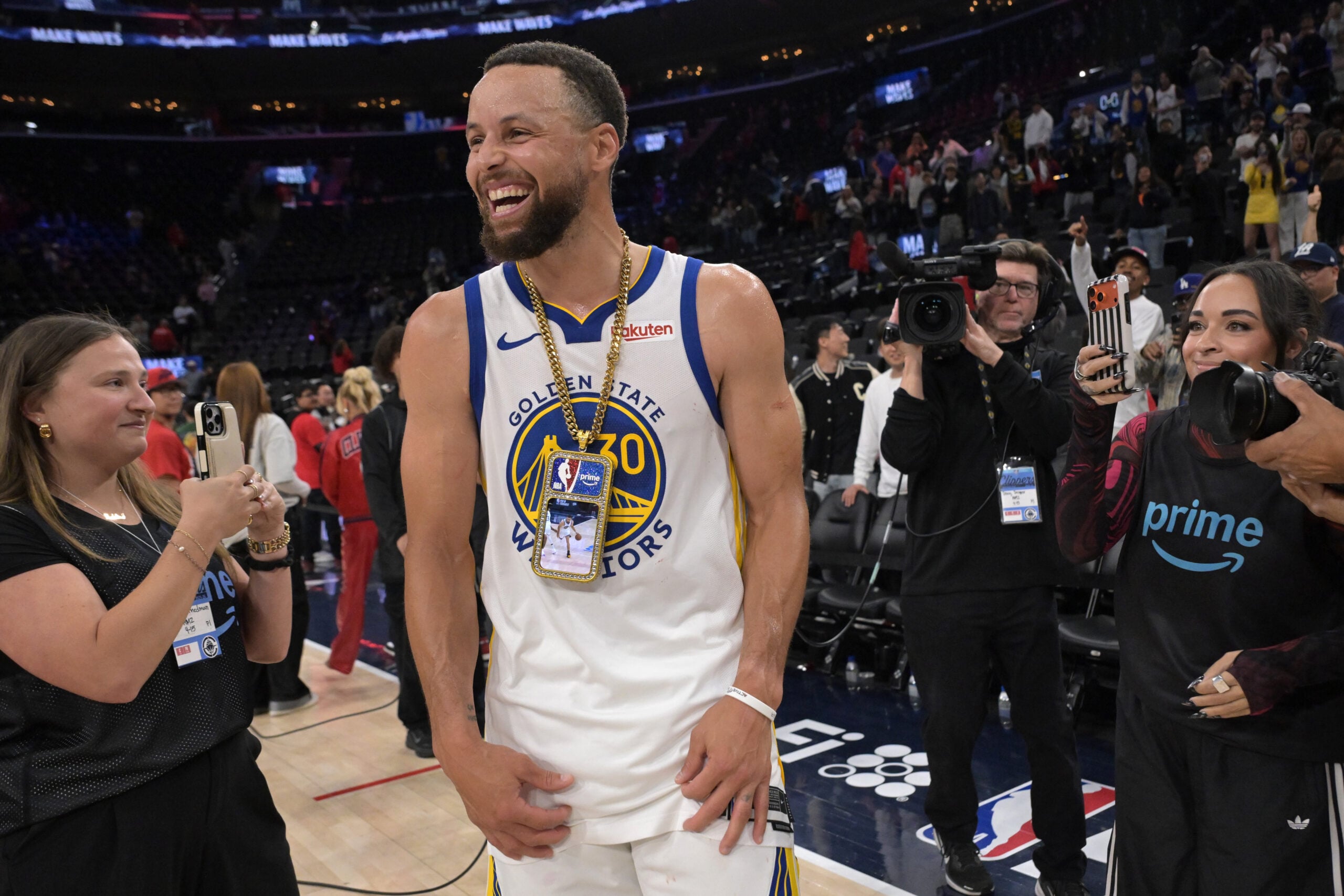 Apr 15, 2026; Inglewood, California, USA; Golden State Warriors guard Stephen Curry (30) smiles on the court after defeating the Los Angeles Clippers during the play-in rounds of the 2026 NBA Playoffs at Intuit Dome. Mandatory Credit: Jayne Kamin-Oncea-Imagn Images