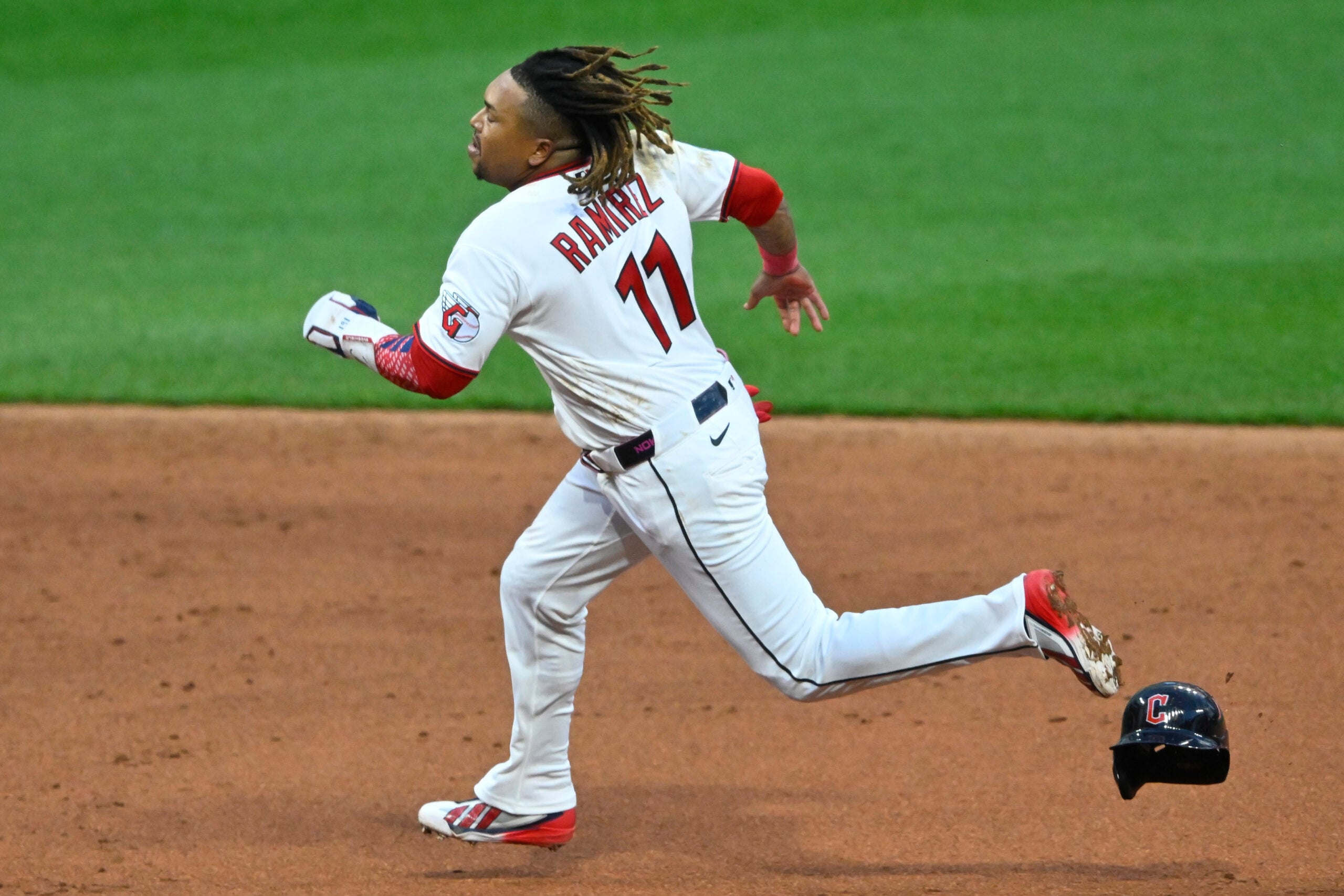 Apr 16, 2026; Cleveland, Ohio, USA; Cleveland Guardians third baseman Jose Ramirez (11) runs the bases in the sixth inning against the Baltimore Orioles at Progressive Field. Mandatory Credit: David Richard-Imagn Images
