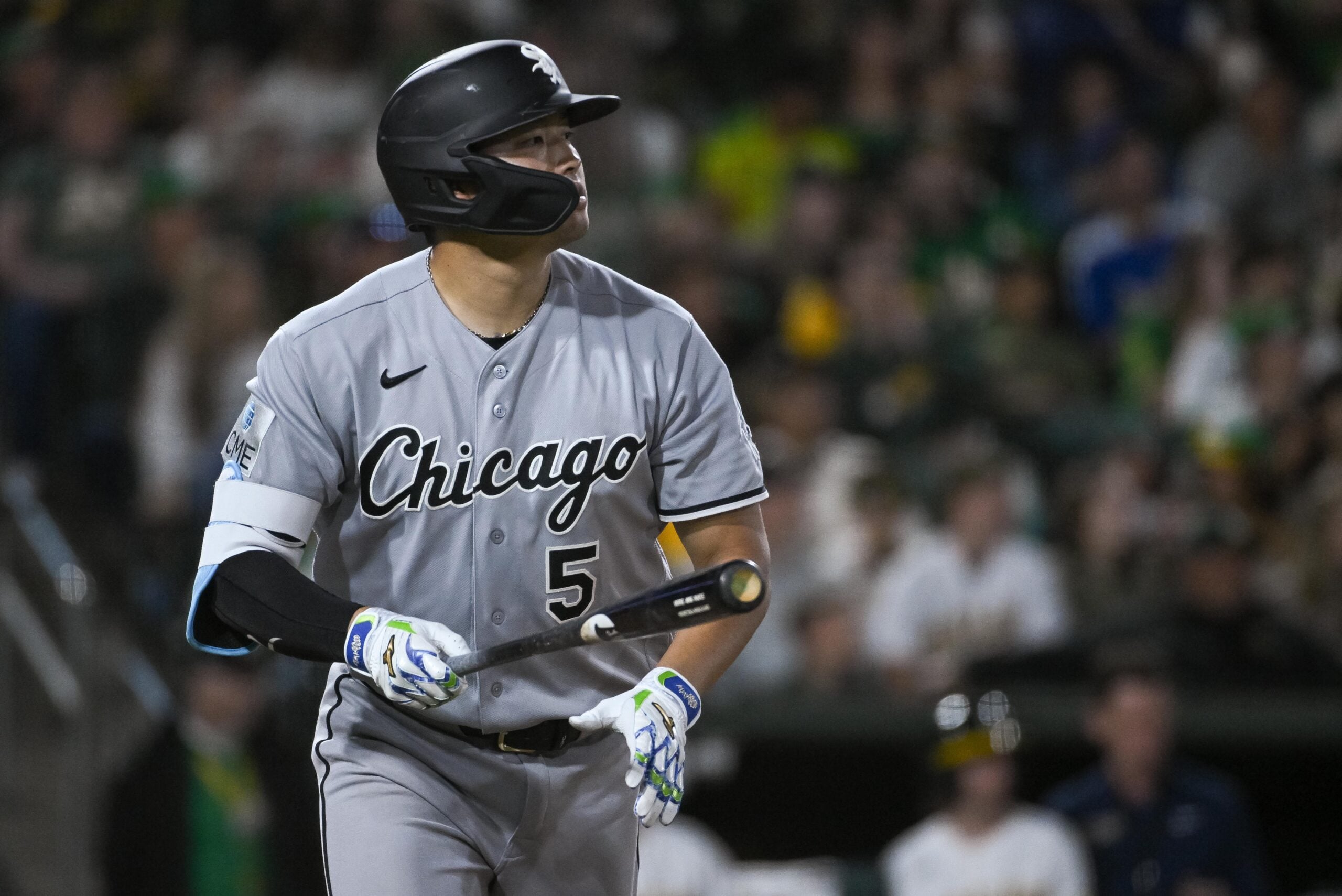 Apr 17, 2026; West Sacramento, California, USA; Chicago White Sox third baseman Munetaka Murakami (5) hits a grand slam against the Athletics during the seventh inning at Sutter Health Park. Mandatory Credit: Ed Szczepanski-Imagn Images