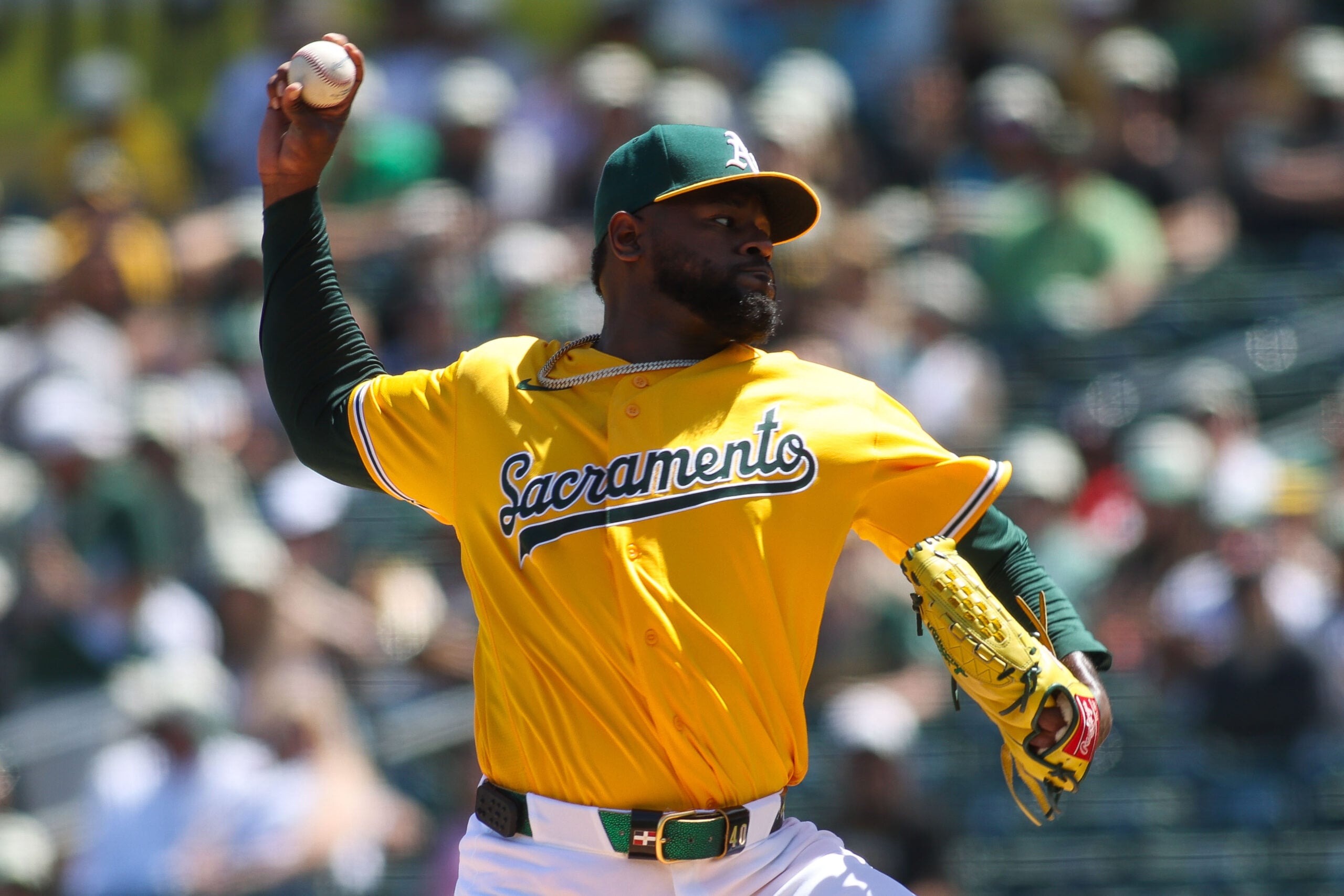 Apr 18, 2026; West Sacramento, California, USA; Athletics pitcher Luis Severino (40) throws to a Chicago White Sox batter during the first inning at Sutter Health Park. Mandatory Credit: Scott Marshall-Imagn Images